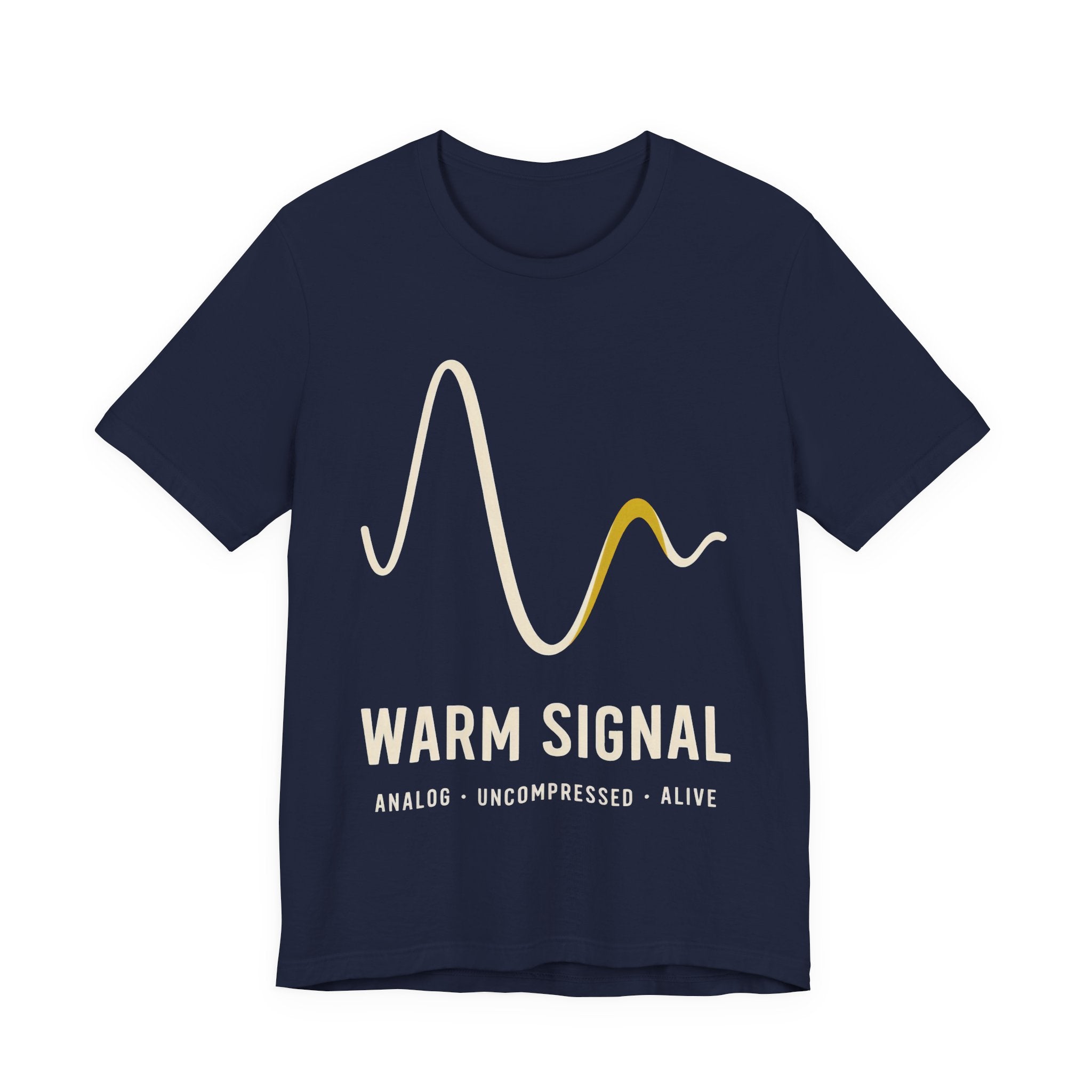 Navy blue t-shirt with a graphic design and text on a white background