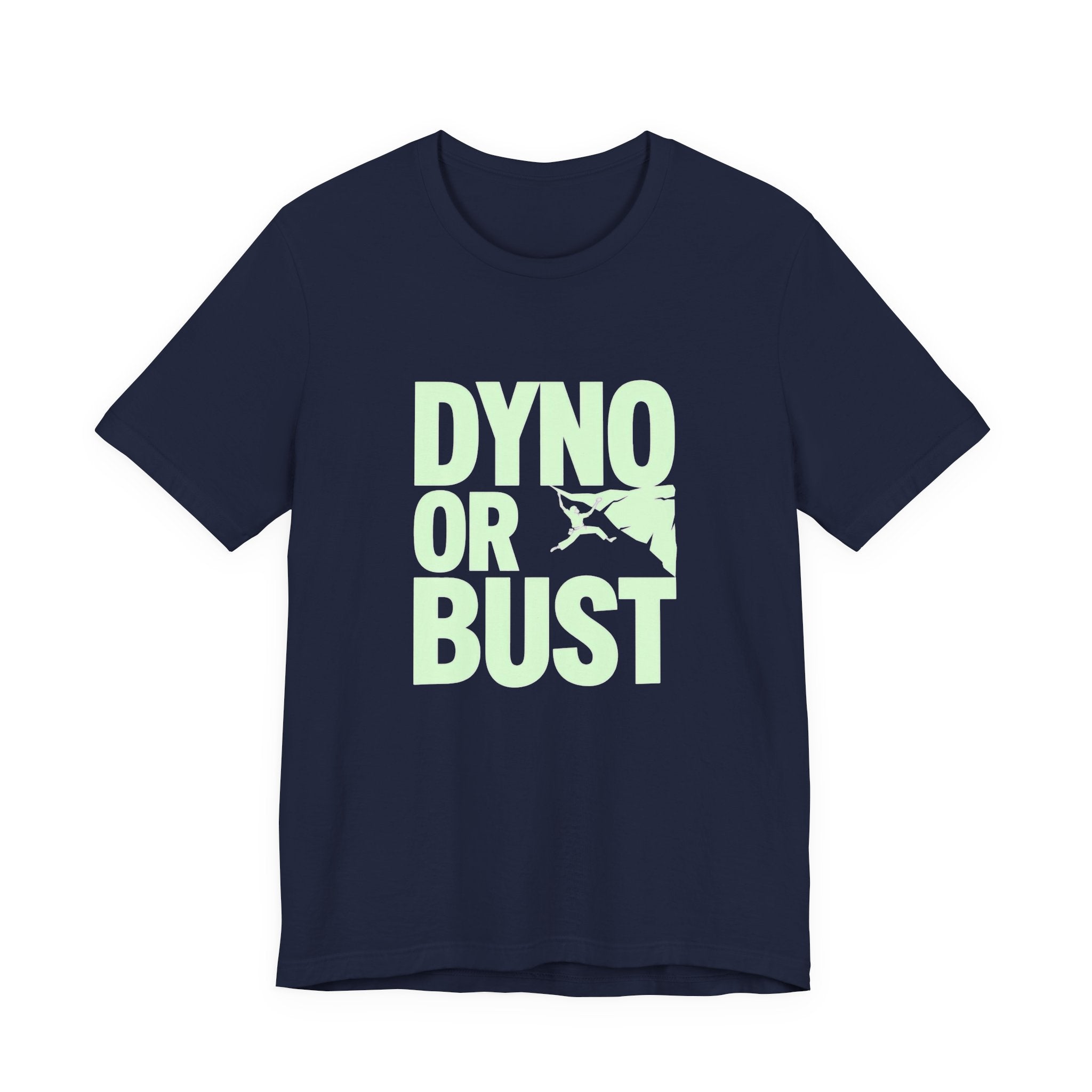 Navy t-shirt with 'DYNO OR BUST' text and graphic in light green on a white background