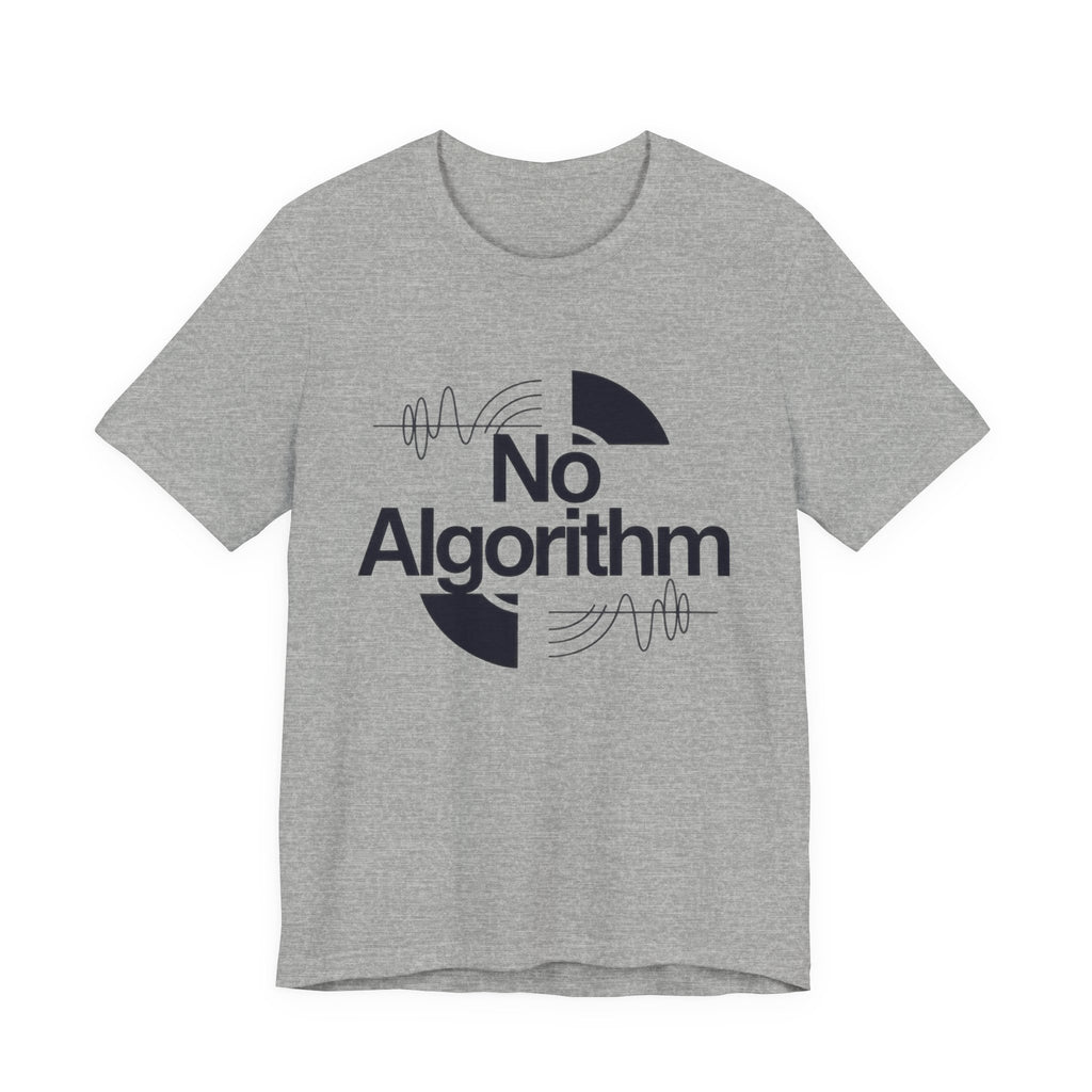Gray t-shirt with 'No Algorithm' design on a white background