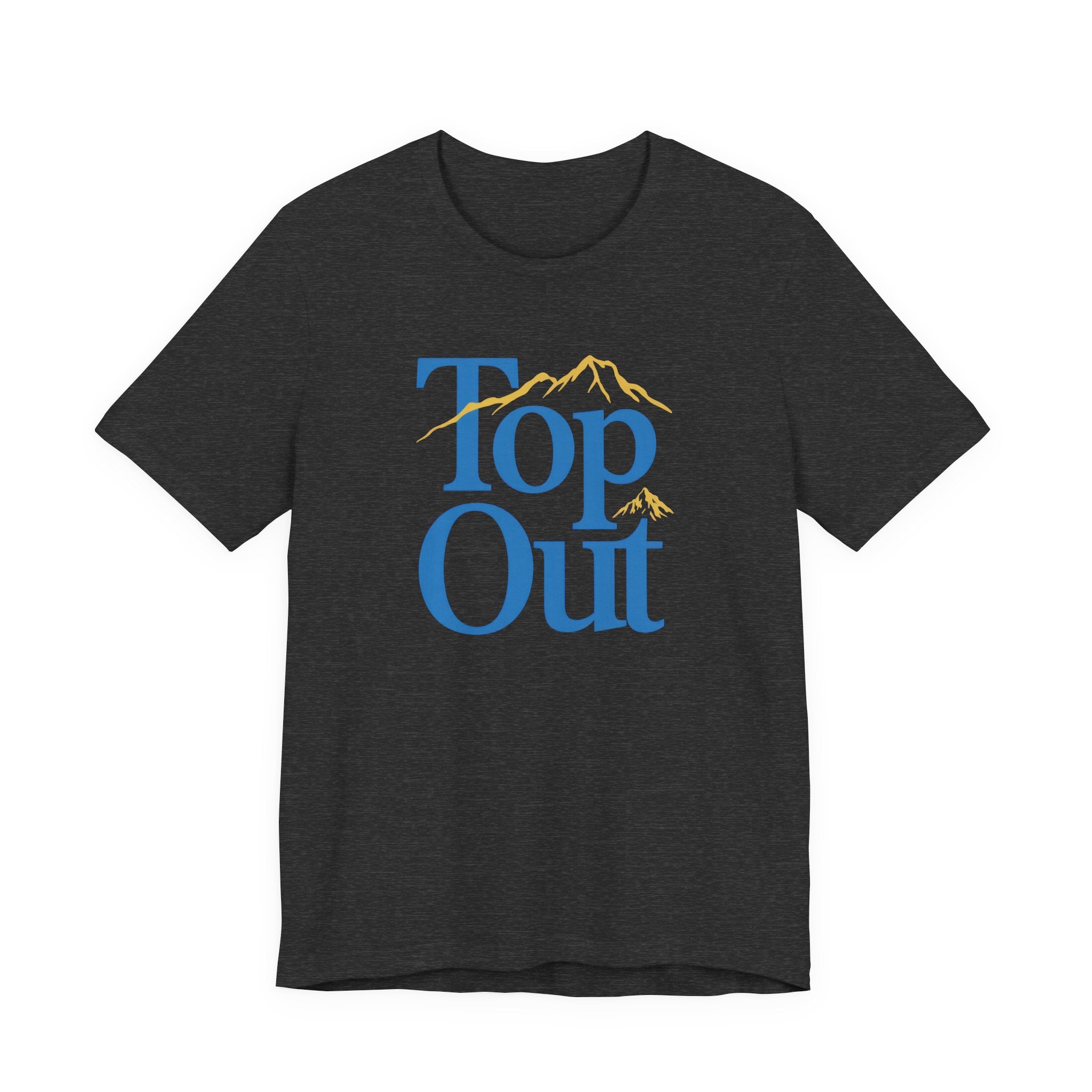 Dark gray t-shirt with 'Top Out' graphic design on a white background