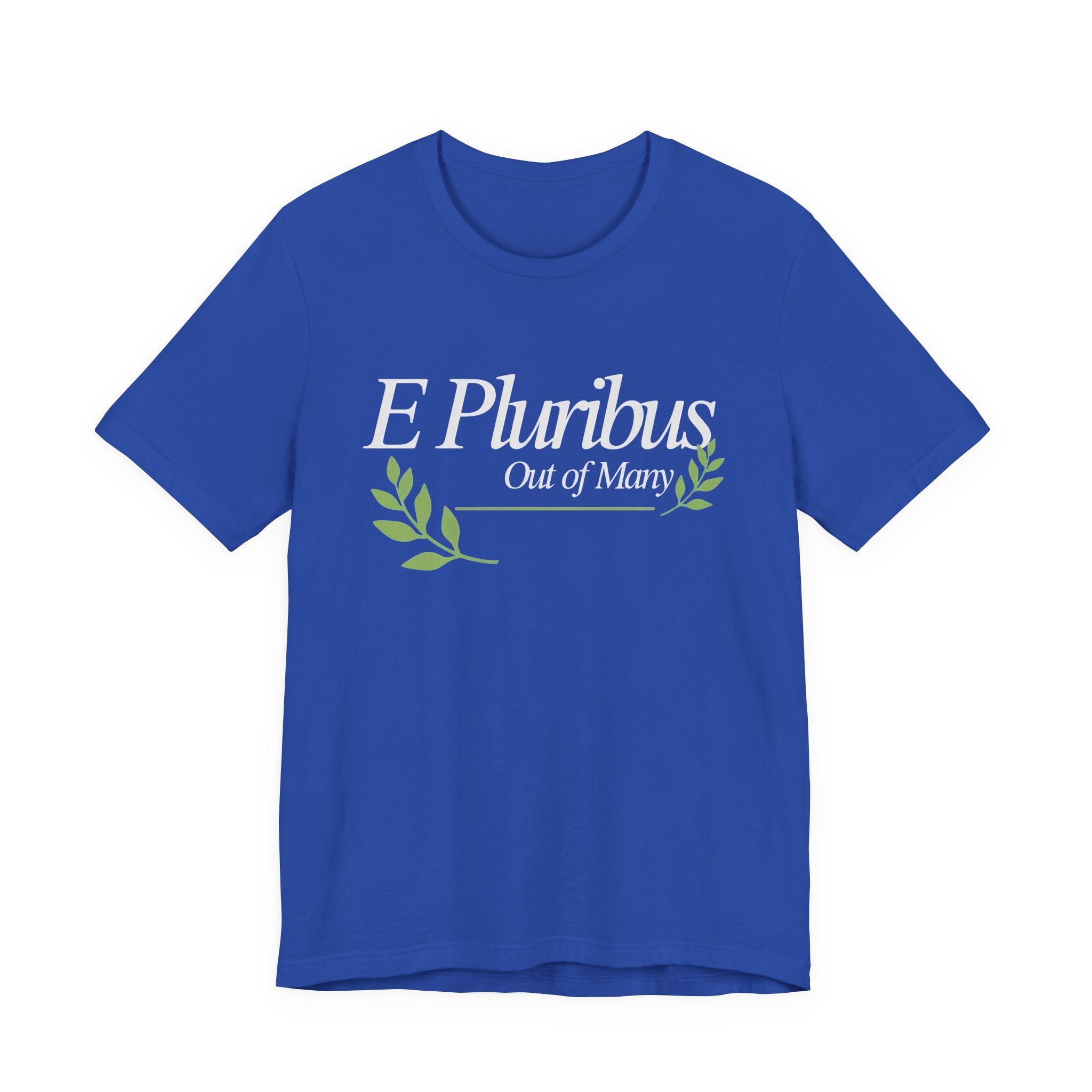 Blue t-shirt with 'E Pluribus Out of Many' text 