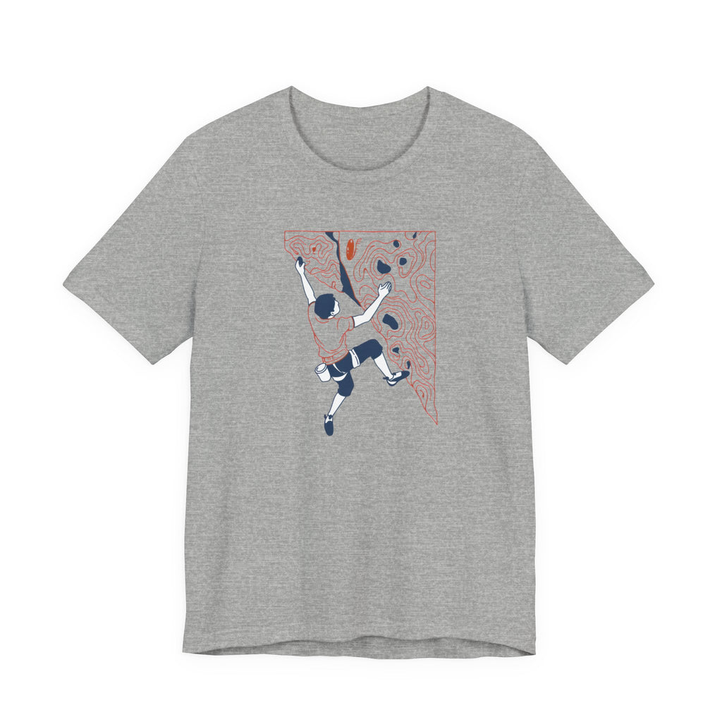 Gray t-shirt with a graphic of a climber on a rock face on a white background