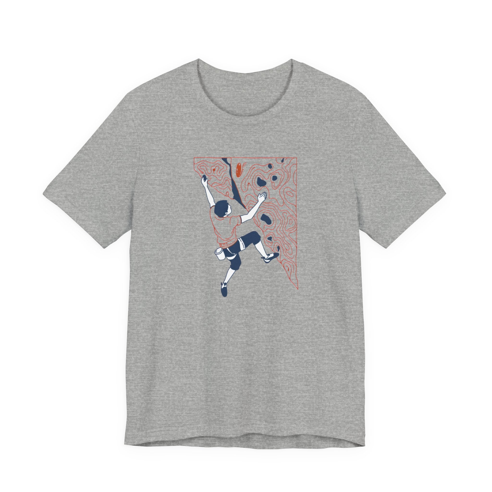 Gray t-shirt with a graphic of a climber on a rock face on a white background