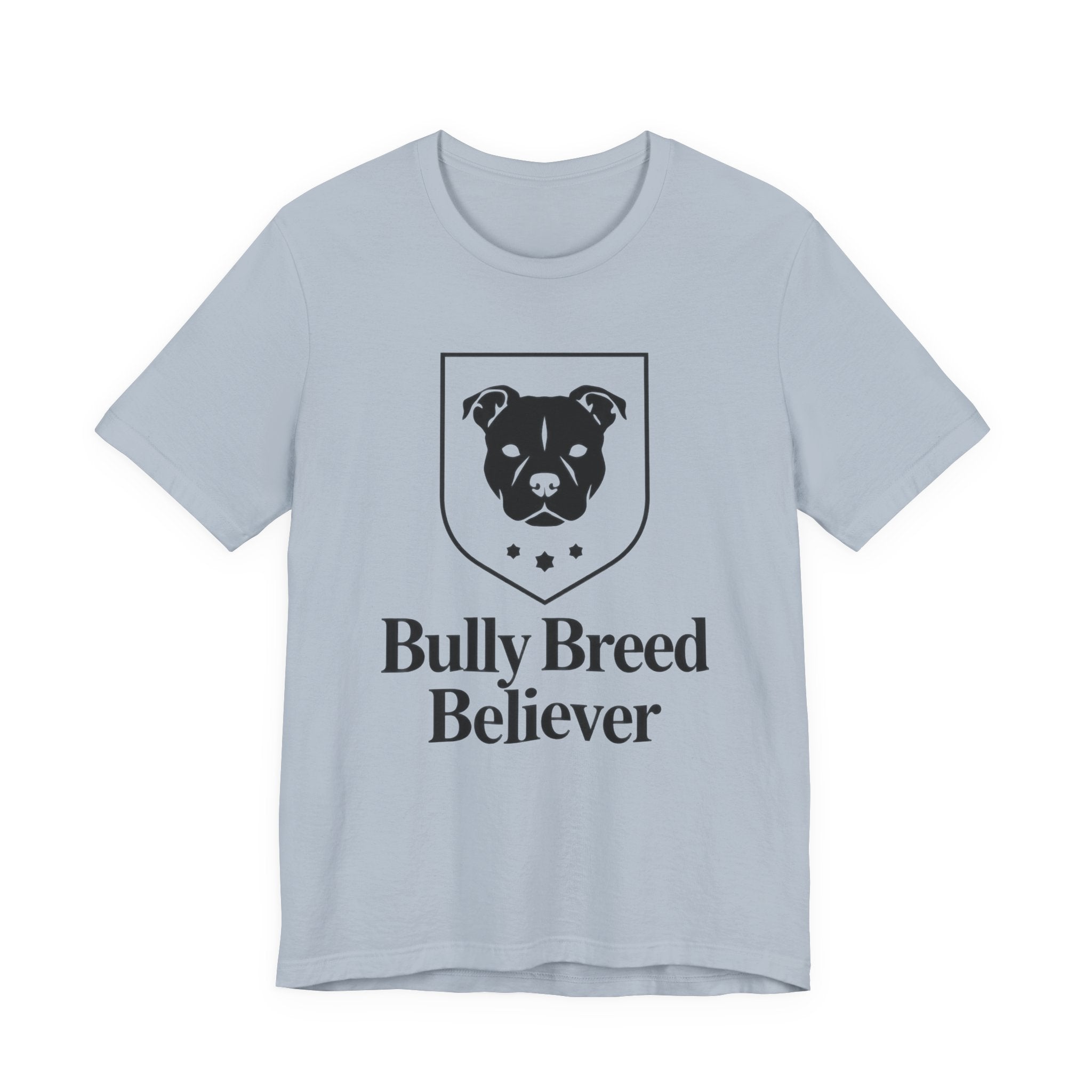 Light blue t-shirt with black graphic and text 'Bully Breed Believer' on a white background