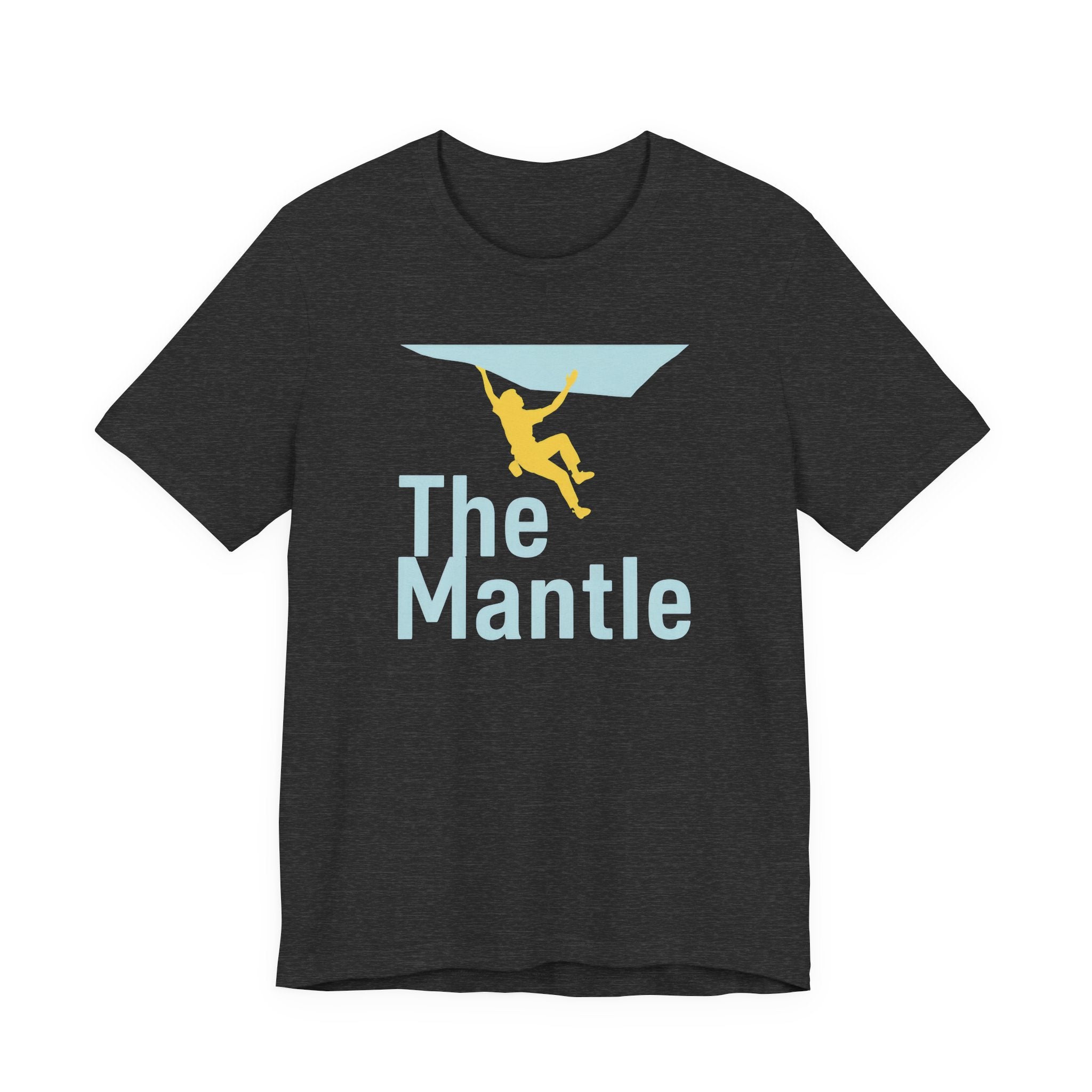 Dark gray t-shirt with 'The Mantle' graphic design on a white background