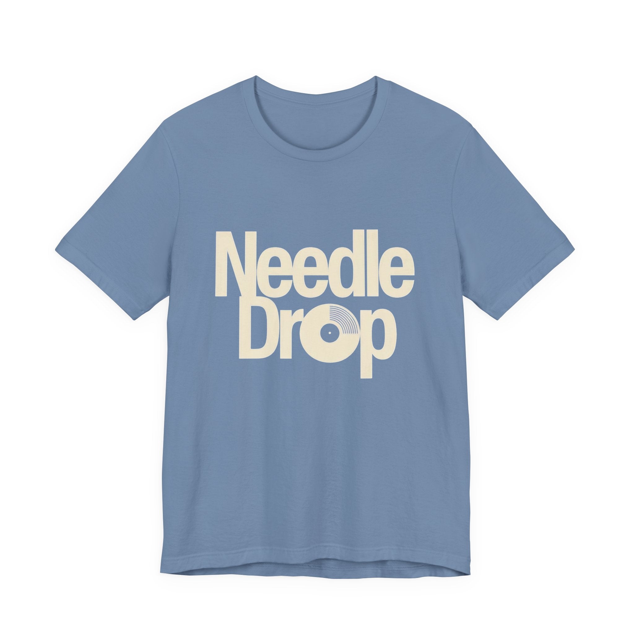 Light blue t-shirt with 'Needle Drop' text on a white background