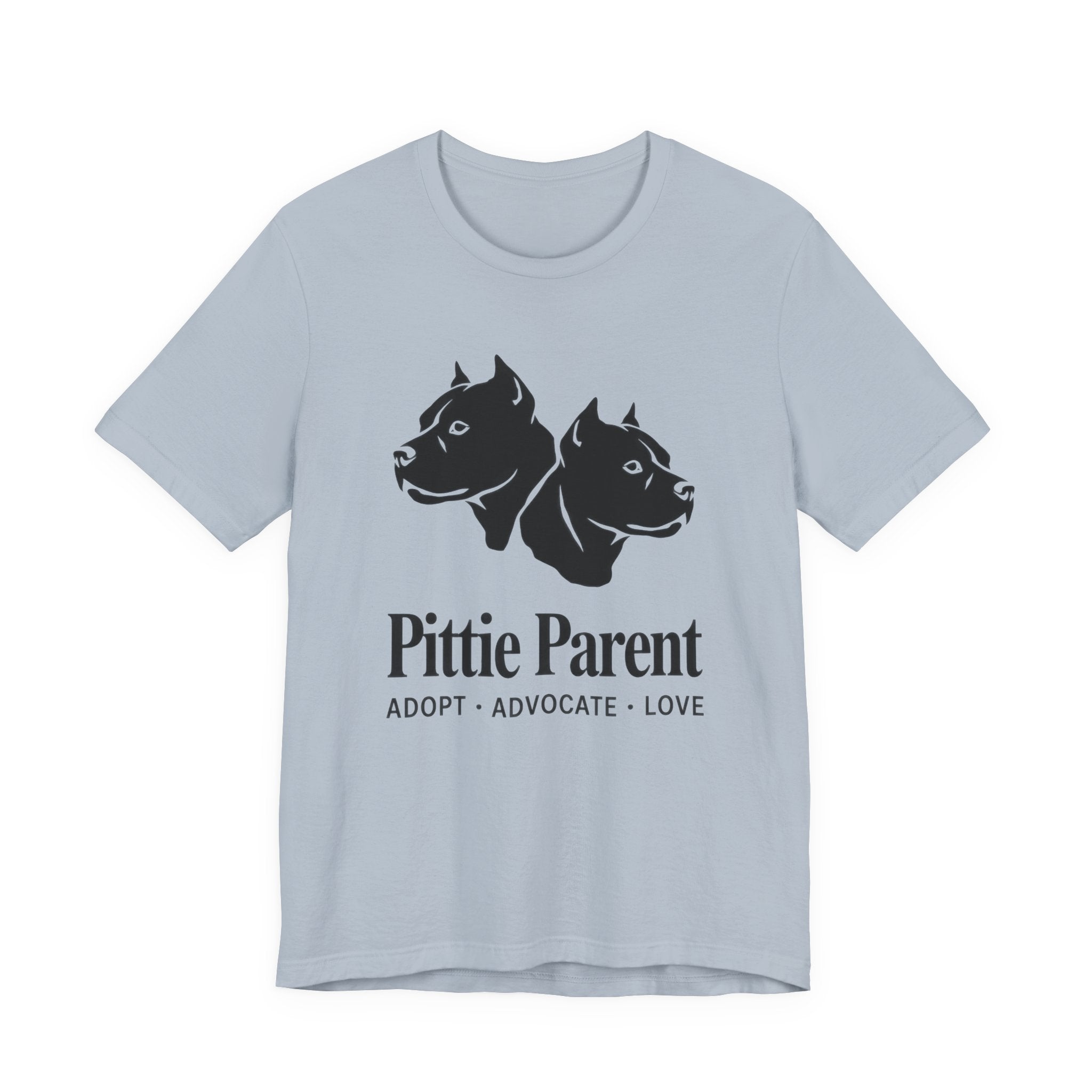 Light blue t-shirt with black dog illustration and 'Pittie Parent' text on a white background