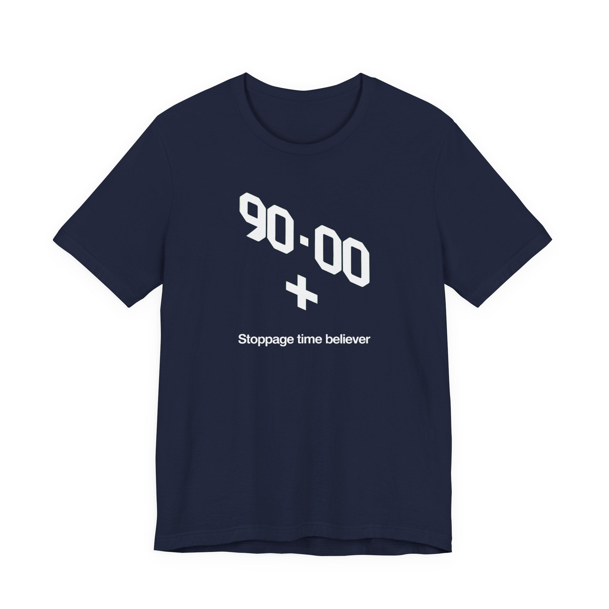 Navy t-shirt with white text '90-00 + Stoppage time believer' on a white background