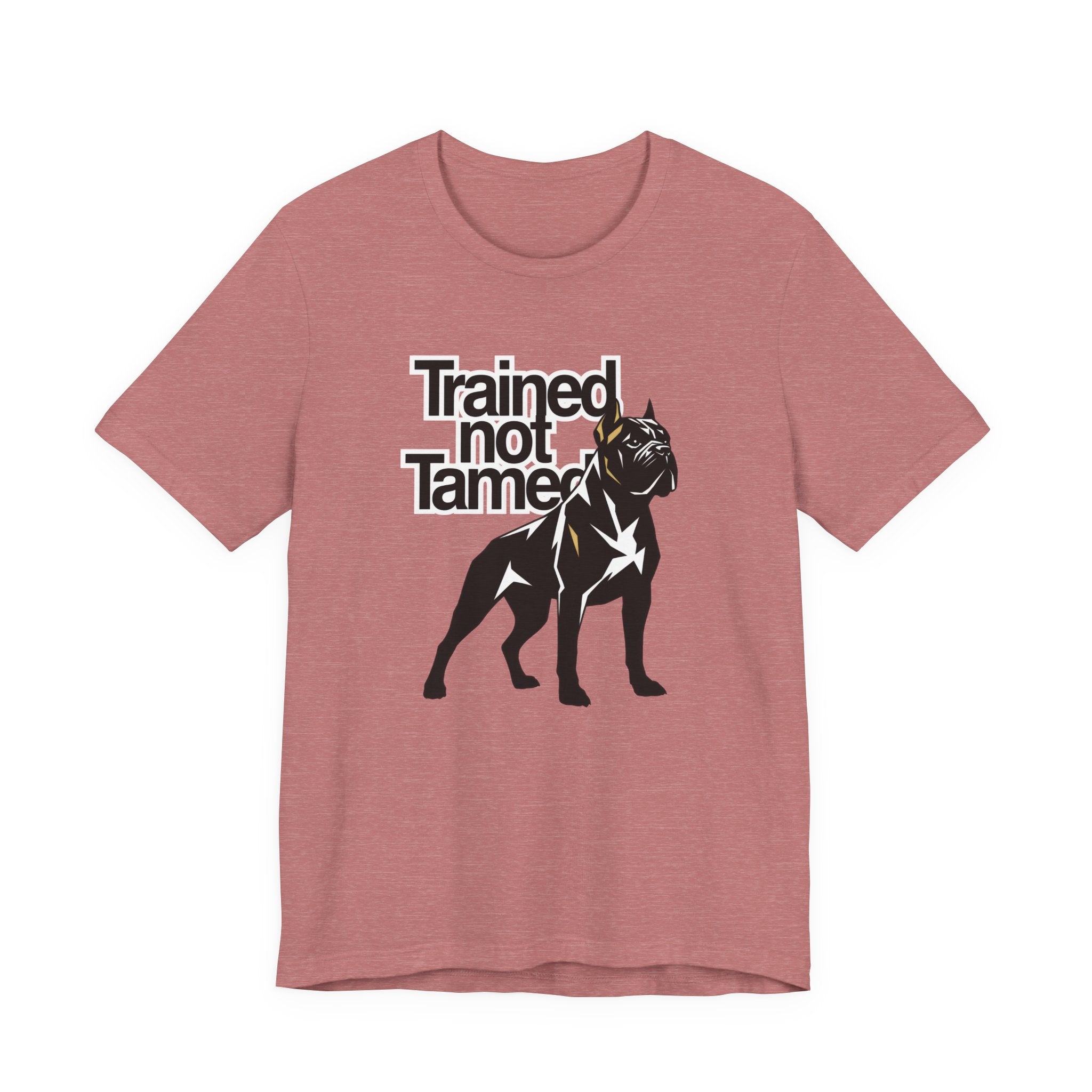 Mauve t-shirt with a black dog graphic and 'Trained Not Tamed' text on a white background