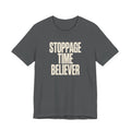 Grey t-shirt with 'Stoppage Time Believer' text on a white background