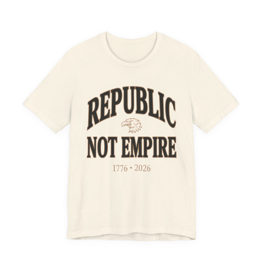 Beige t-shirt with 'Republic Not Empire' text and eagle graphic on a white background