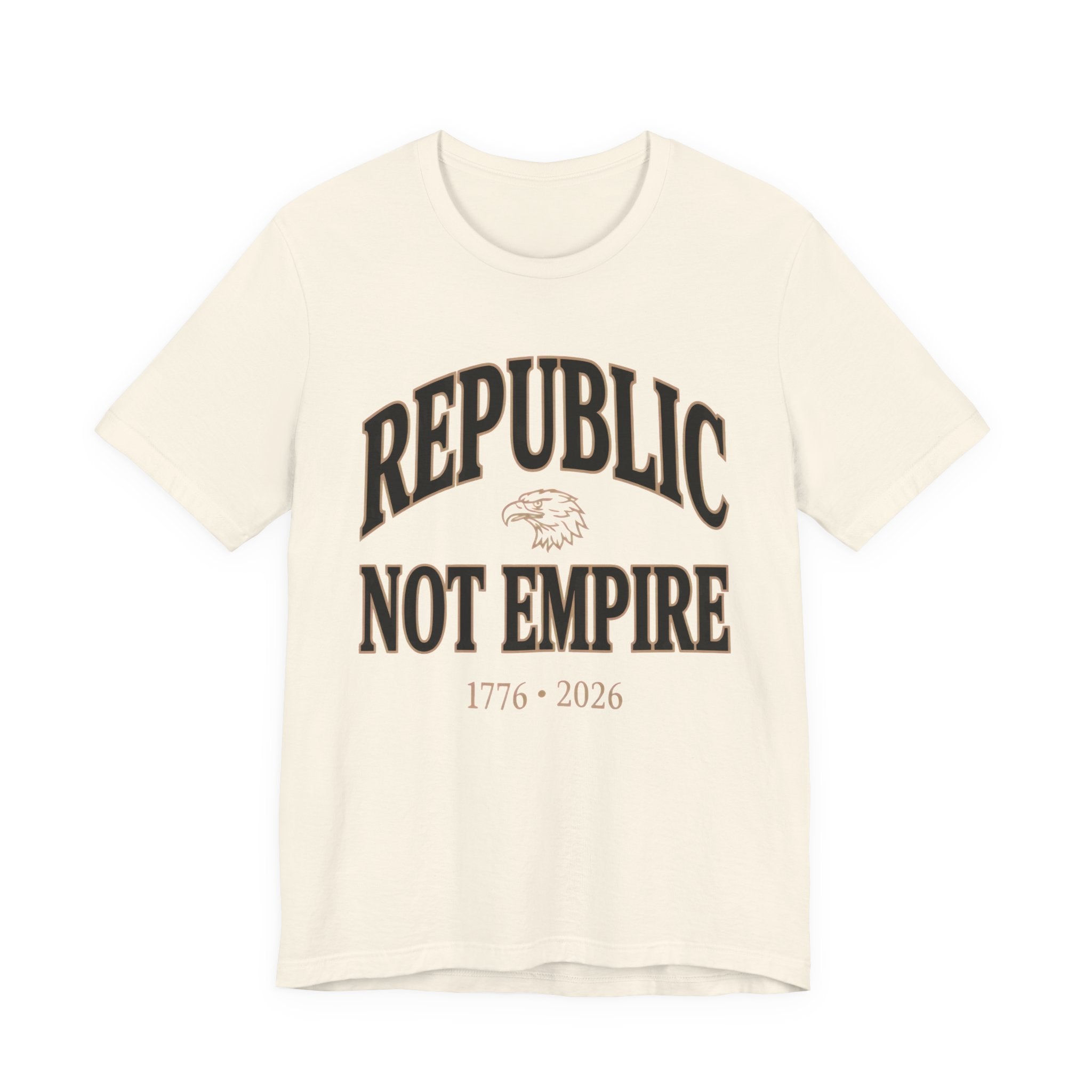 Beige t-shirt with 'Republic Not Empire' text and eagle graphic on a white background