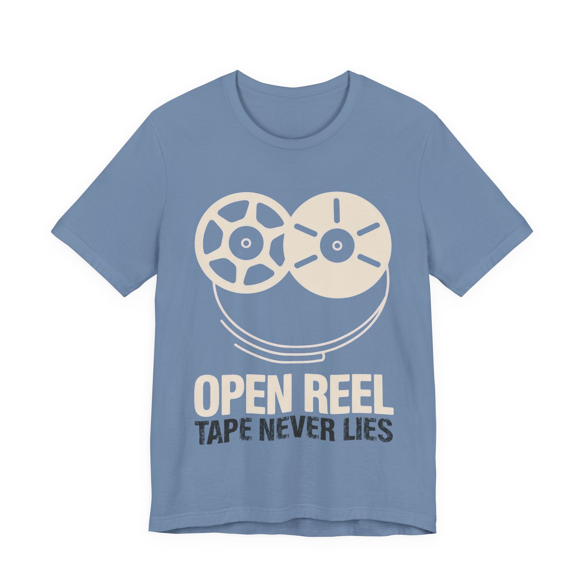 Blue t-shirt with open reel tape design and text on a white background