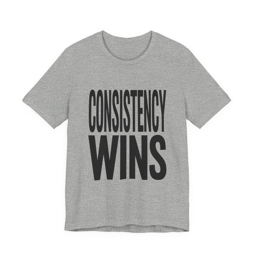 Gray t-shirt with 'CONSISTENCY WINS' text on a white background