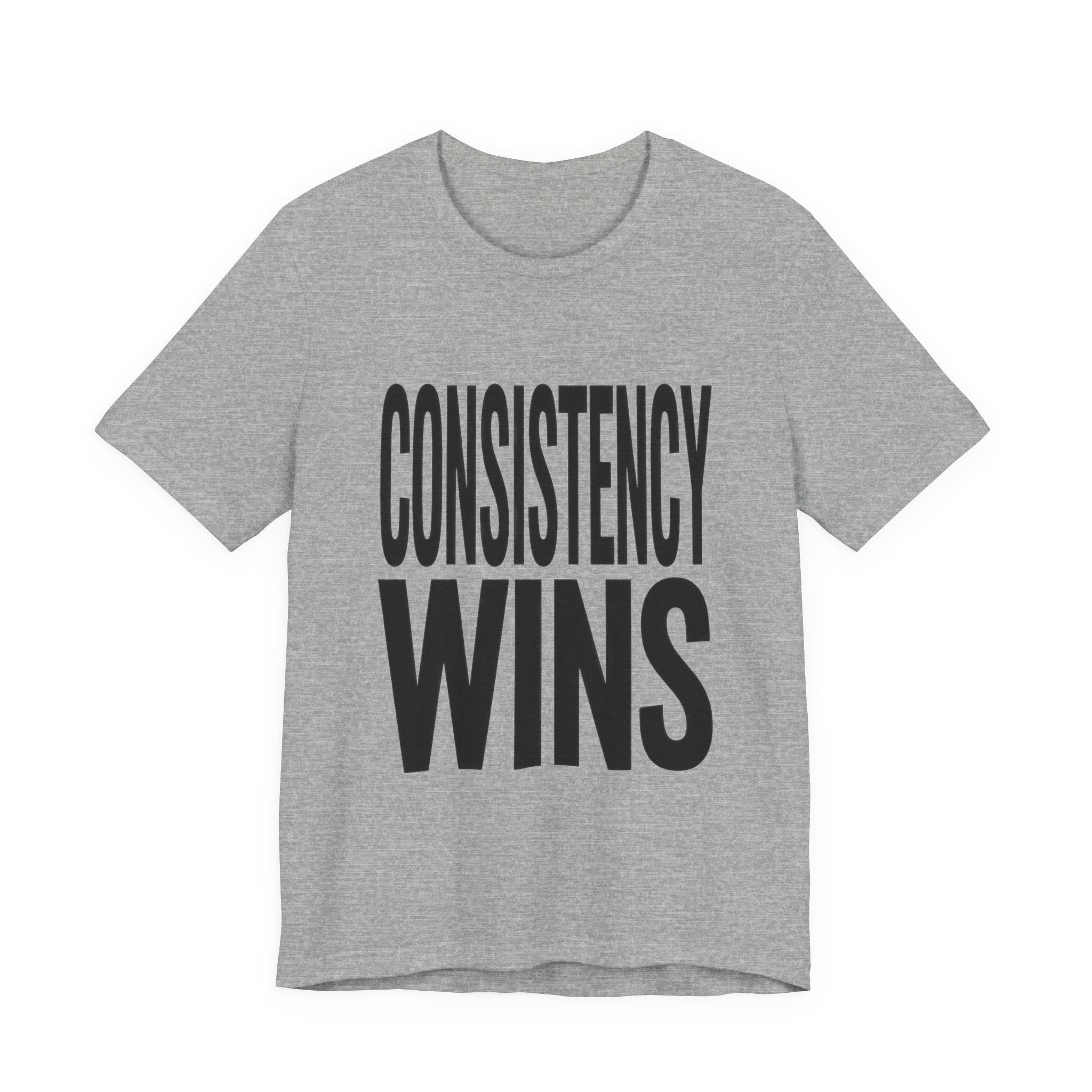 Gray t-shirt with 'CONSISTENCY WINS' text on a white background