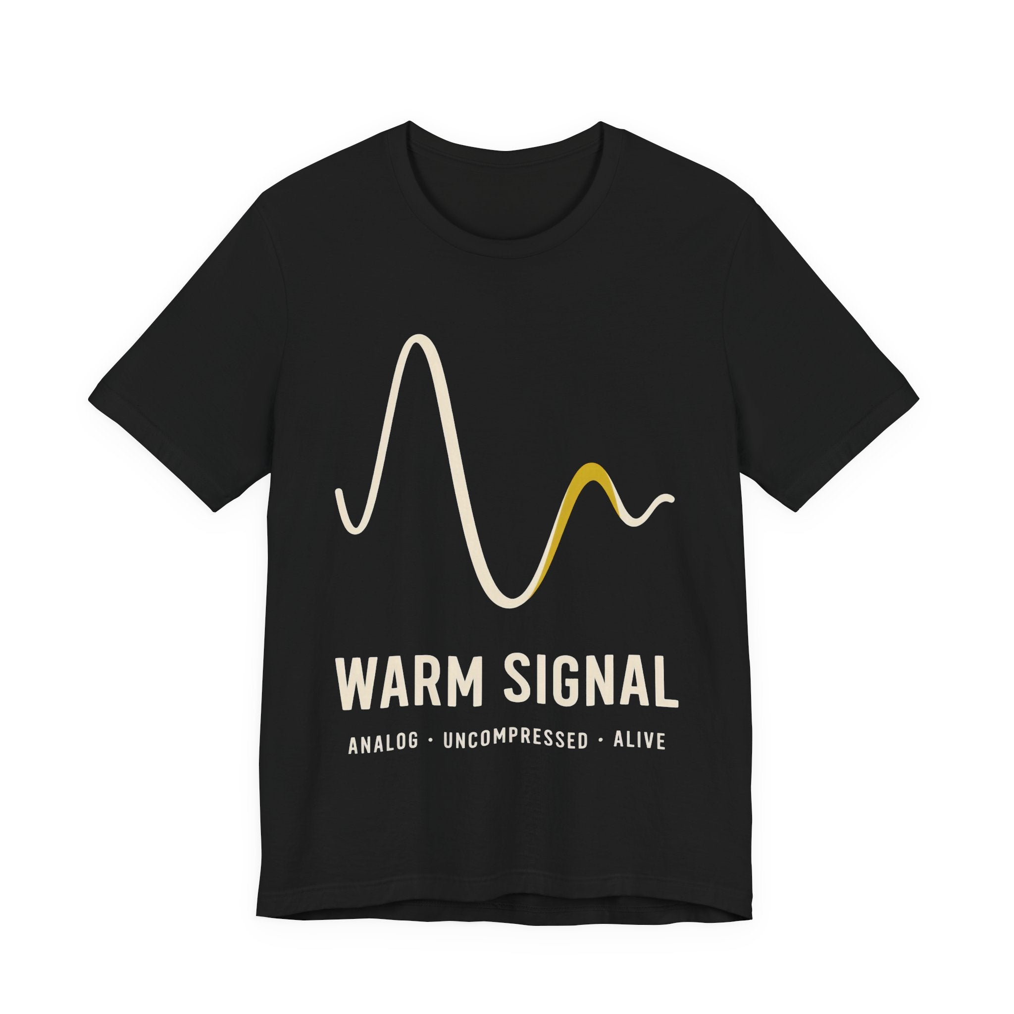 Black shirt with 'Warm Signal' graphic design featuring waveforms and text.