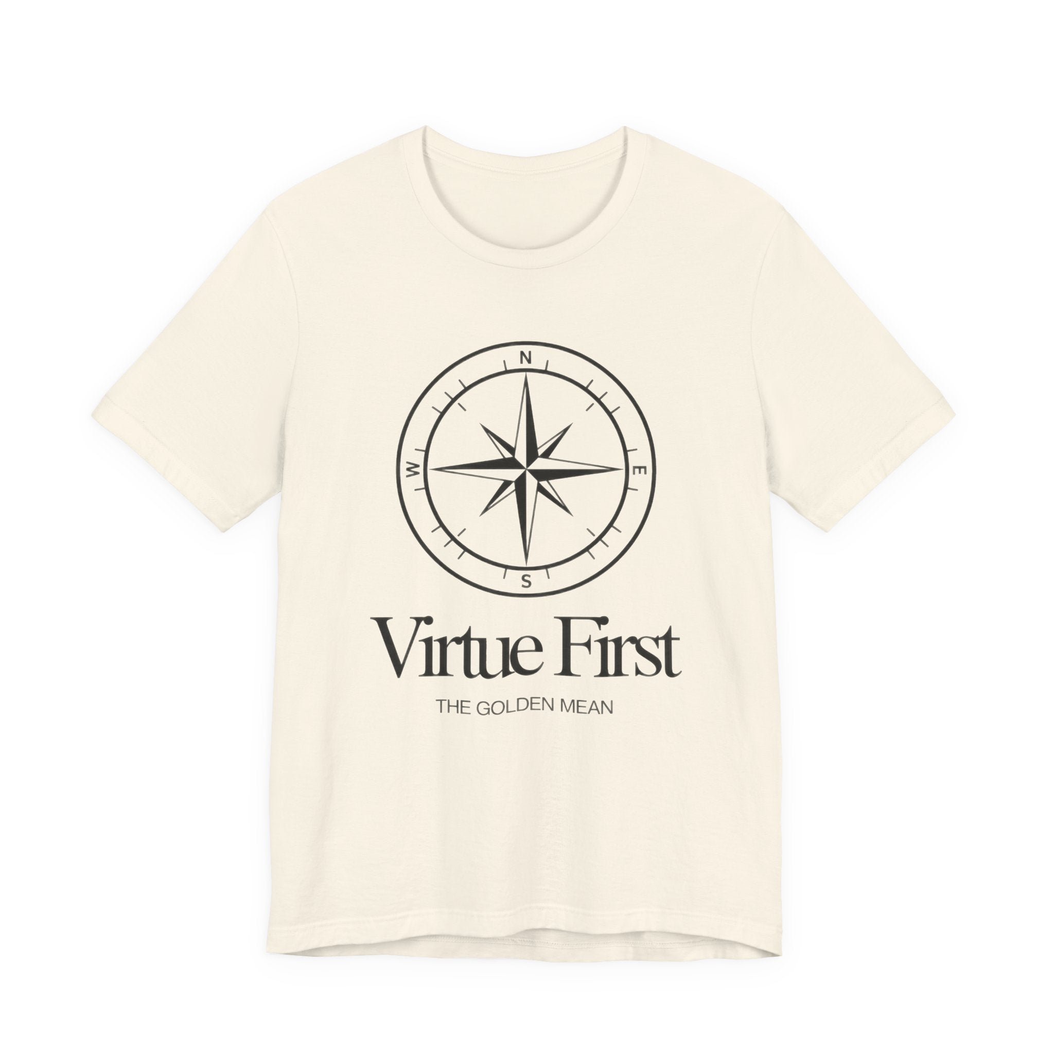 Beige t-shirt with compass design and 'Virtue First' text on a white background