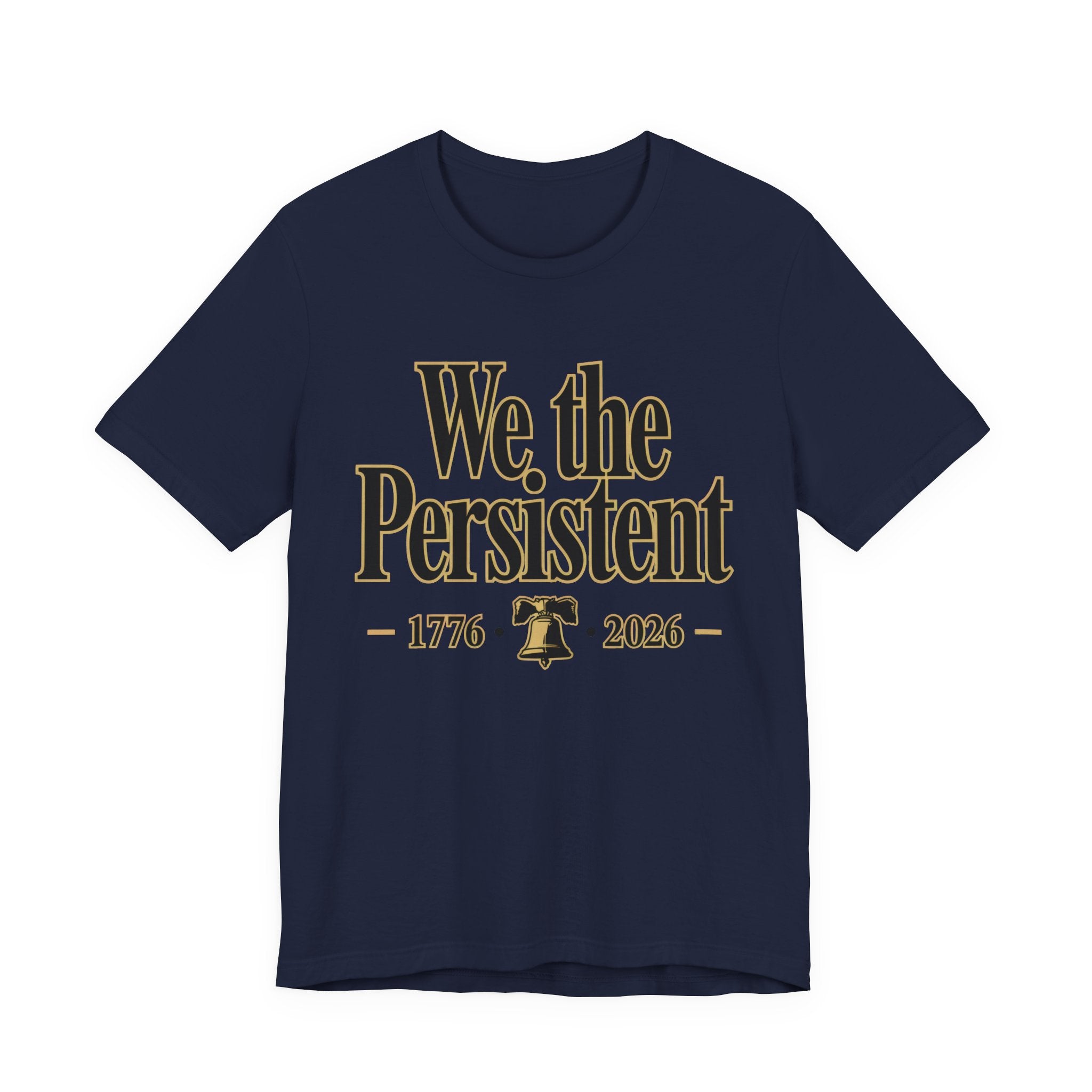 Navy t-shirt with 'We the Persistent' text and bell graphic on a white background