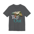 Gray t-shirt with a graphic design of a person climbing a rock and the text 'Top Out' on a white background.