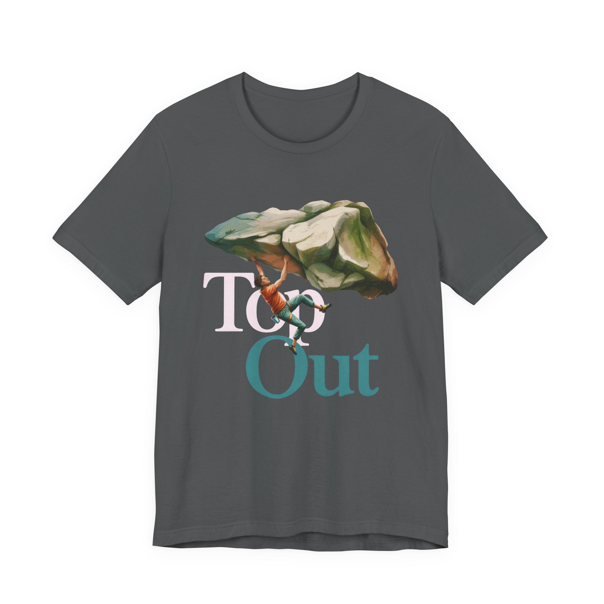 Gray t-shirt with a graphic design of a person climbing a rock and the text 'Top Out' on a white background.