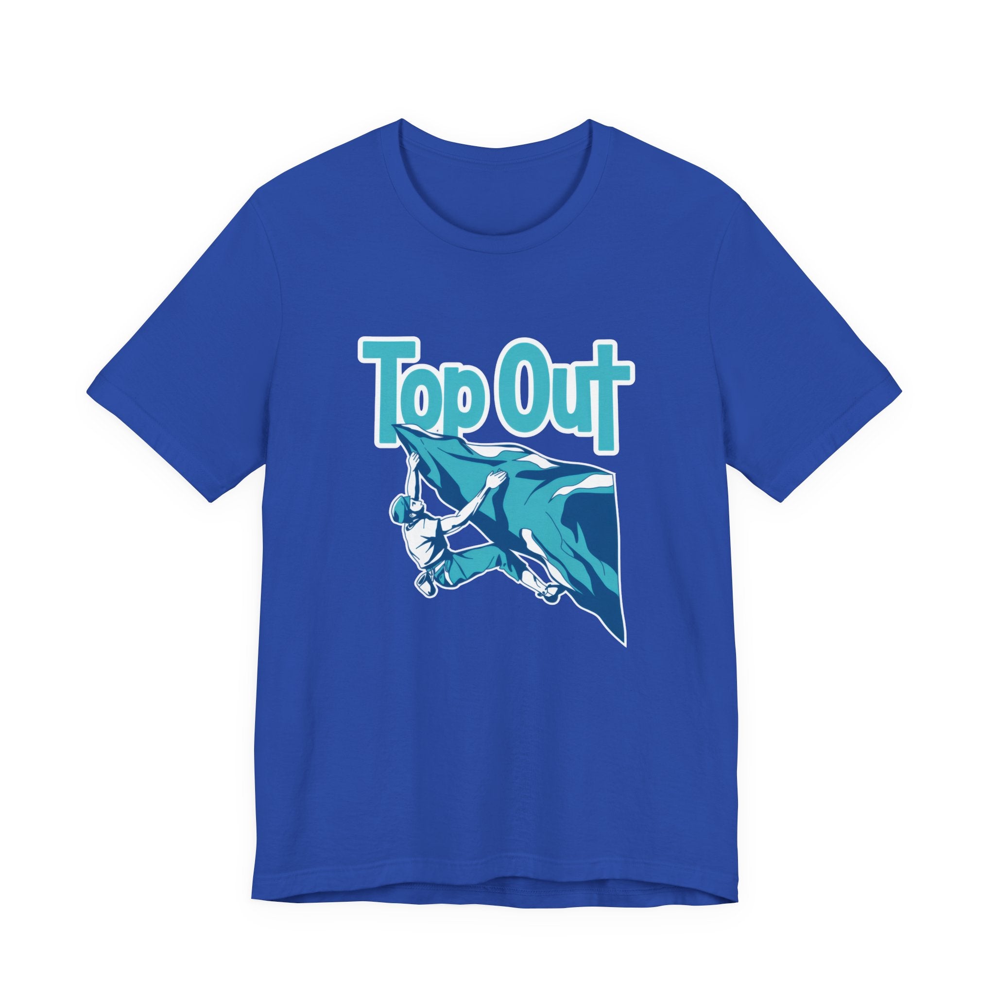 Royal blue t-shirt with a graphic of a climber and 'Top Out' text on a white background