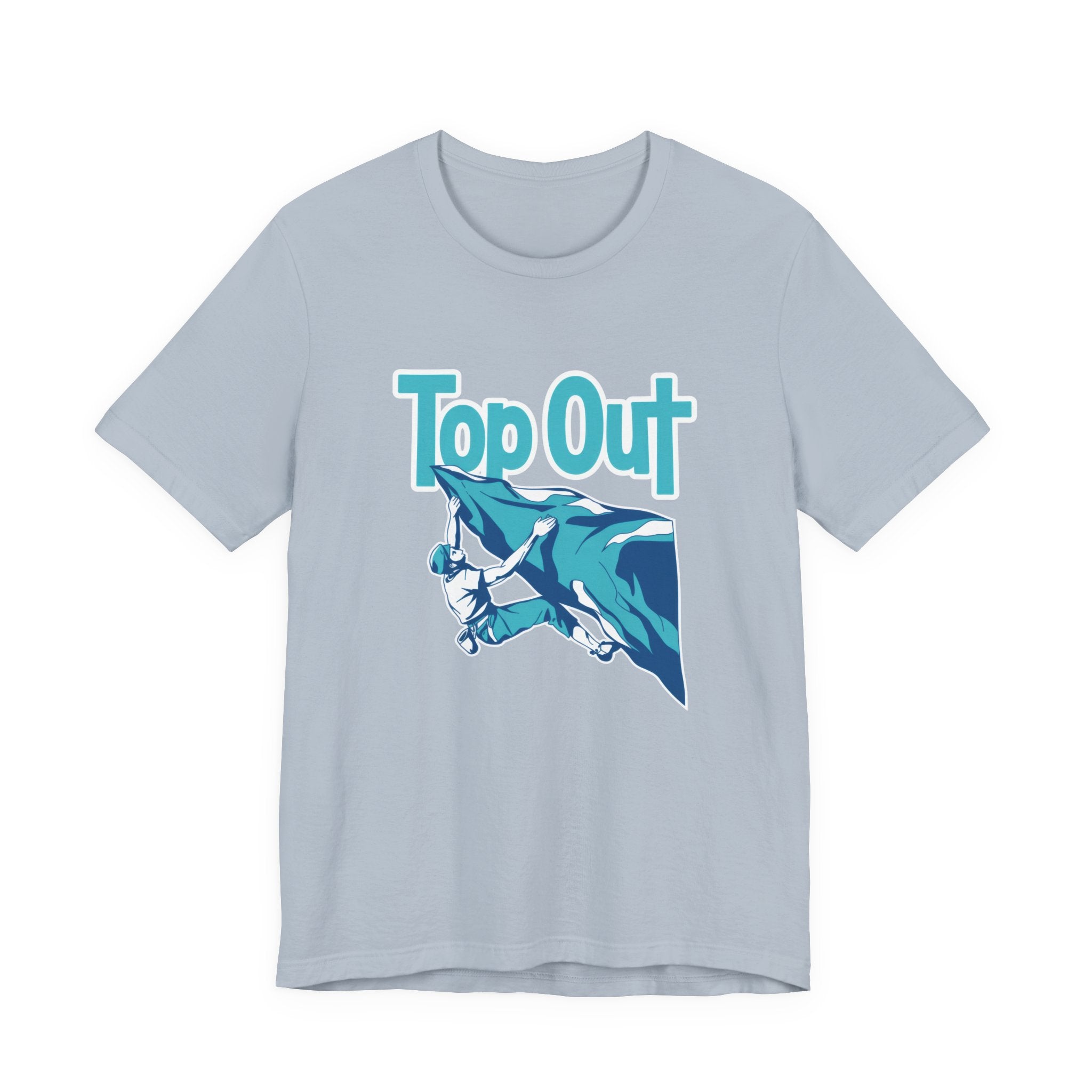 Light blue t-shirt with a graphic of a climber and 'Top Out' text on a white background