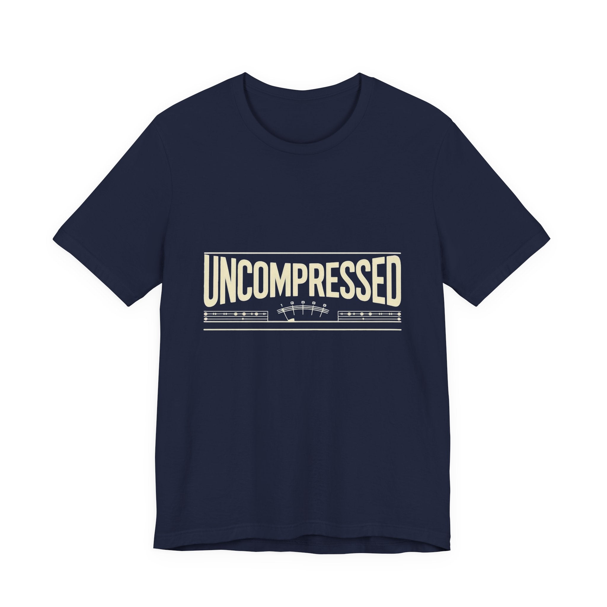 Navy blue t-shirt with 'UNCOMPRESSED' text on a white background