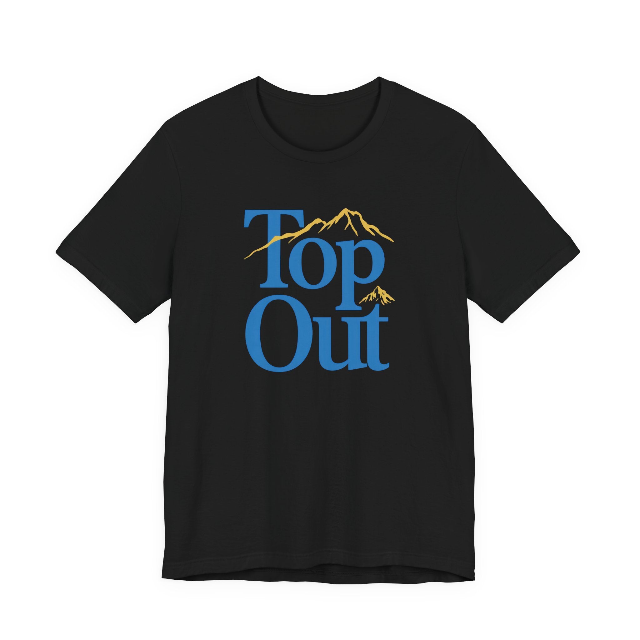 Black t-shirt with 'Top Out' graphic design on a white background