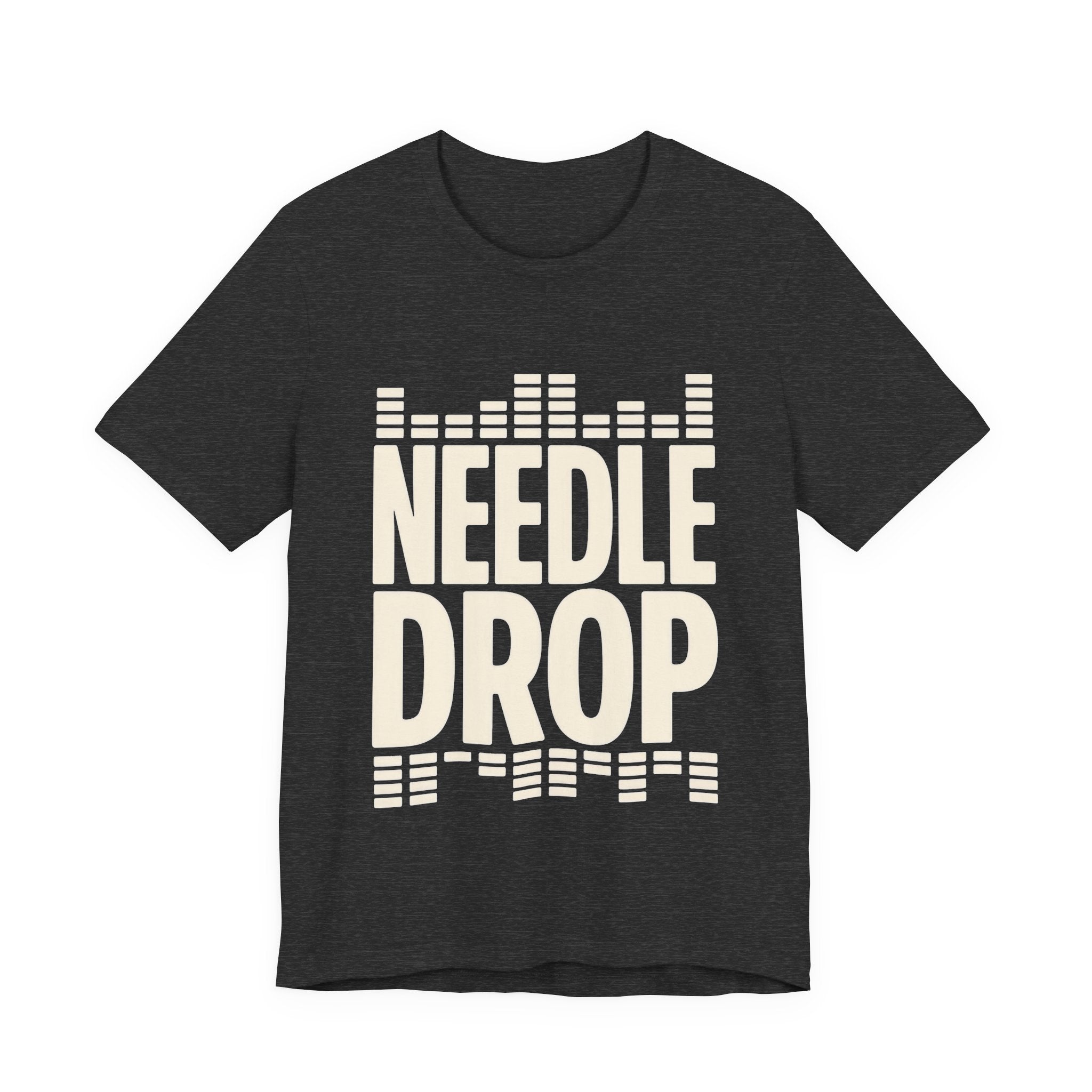 Dark gray t-shirt with 'Needle Drop' text design on a white background