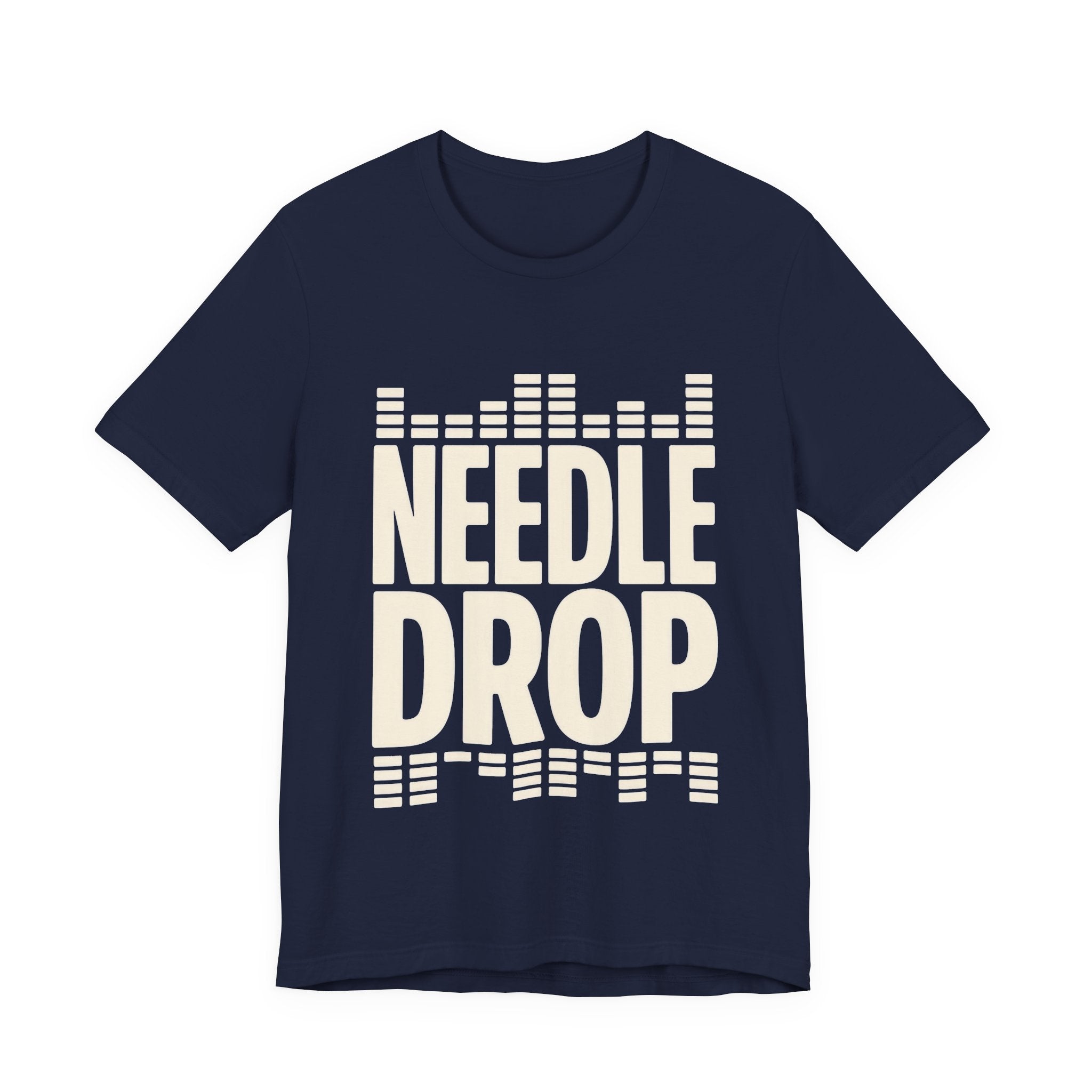 Navy blue t-shirt with 'Needle Drop' text design on a white background
