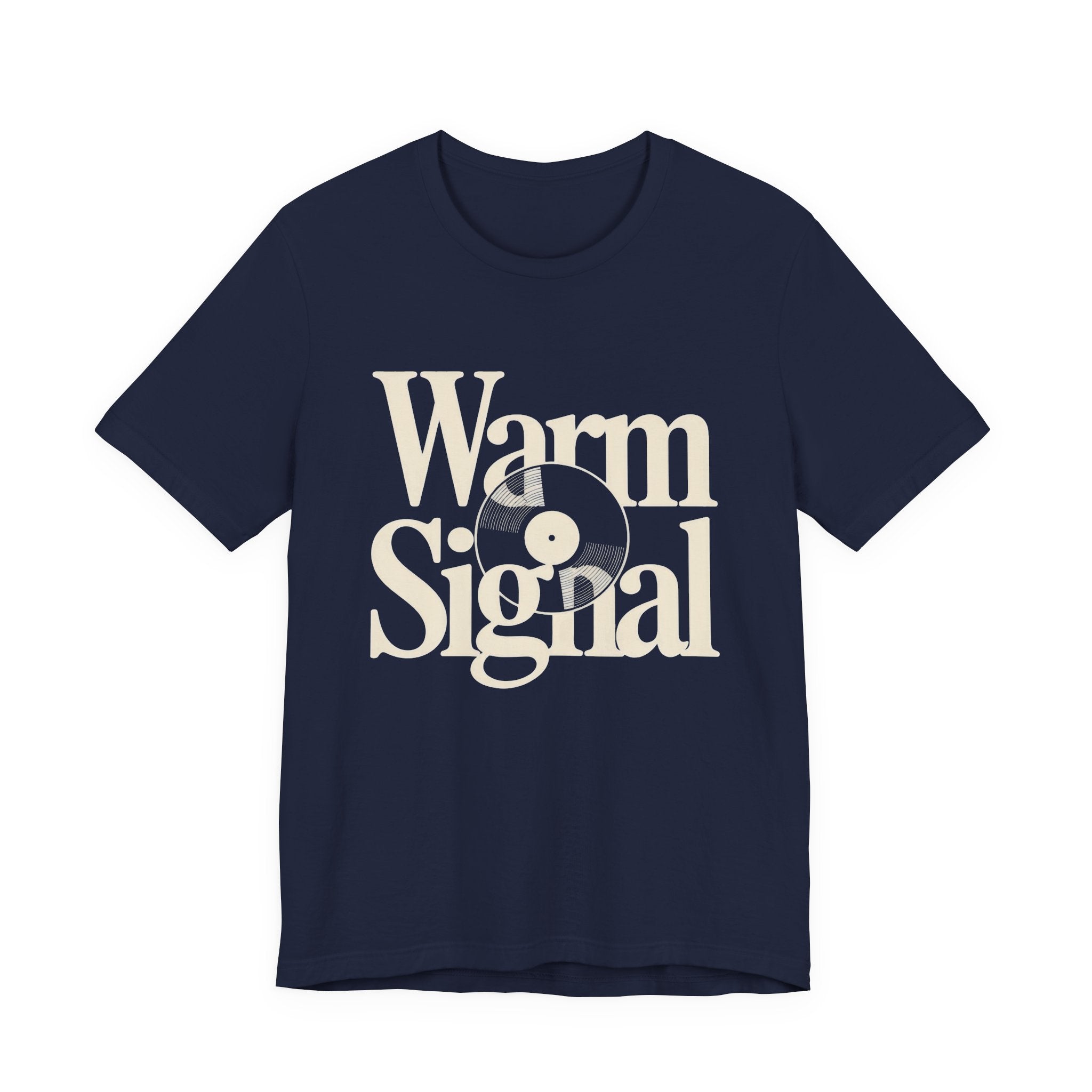 Navy t-shirt with 'Warm Signal' text and vinyl record graphic on a white background