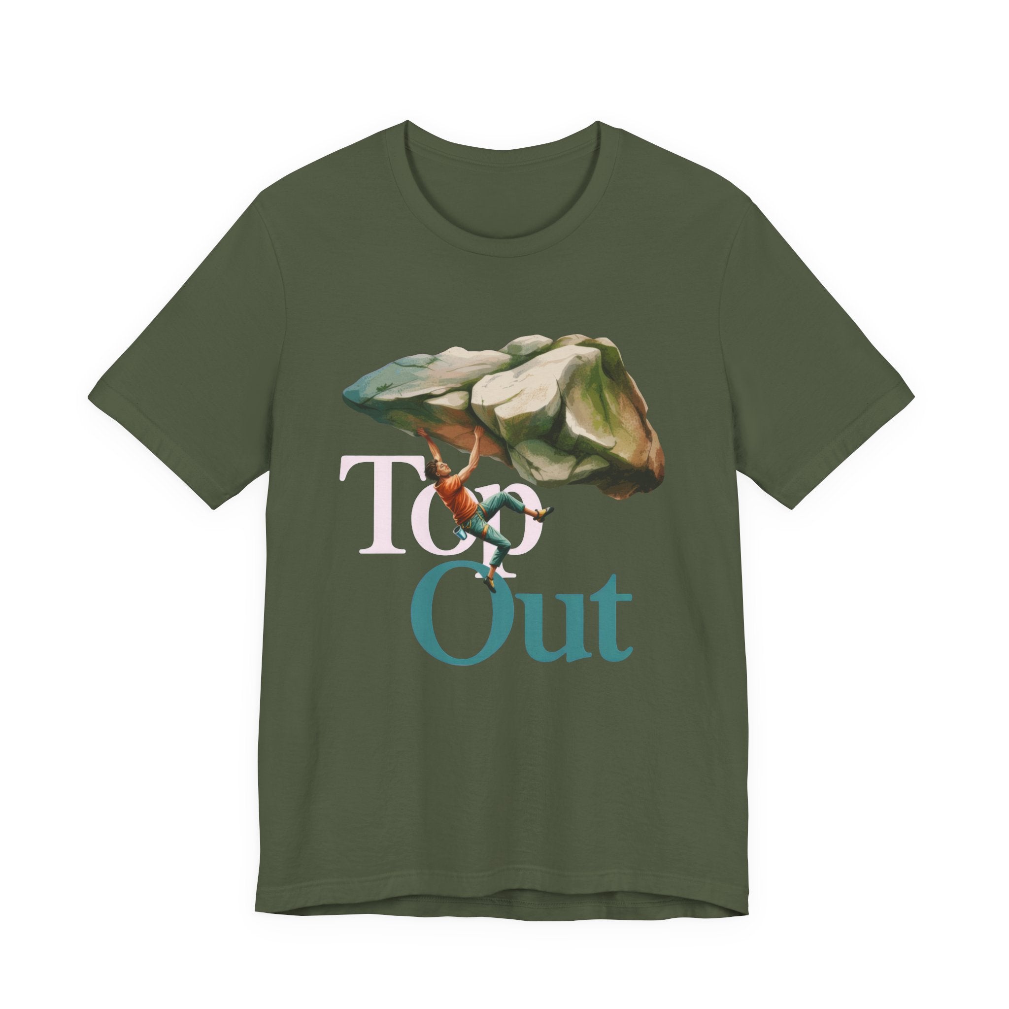 Green t-shirt with a graphic design of a person climbing a rock and the text 'Top Out' on a white background.