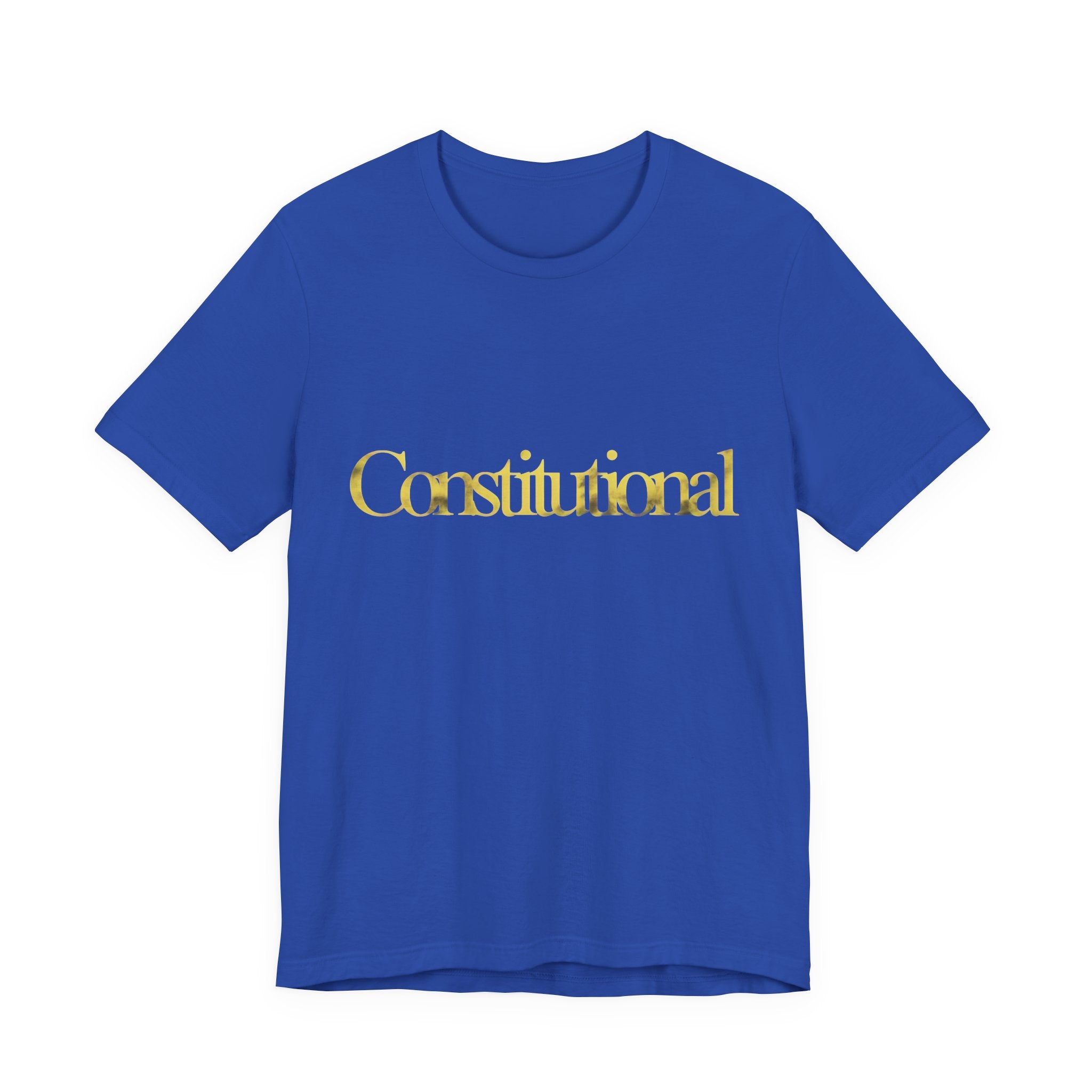 Blue t-shirt with 'Constitutional' in gold on a white background