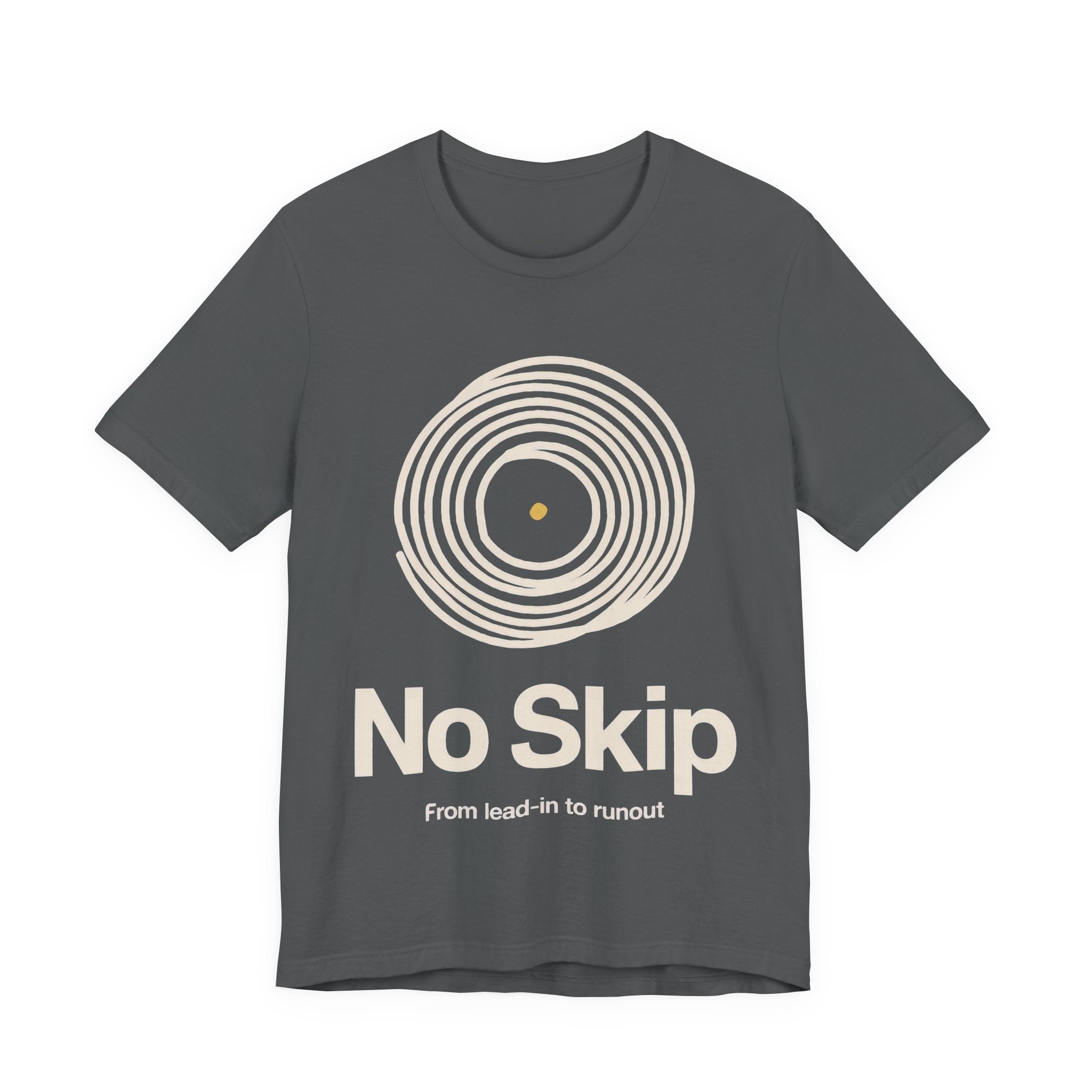 Gray t-shirt with 'No Skip' graphic design on a white background