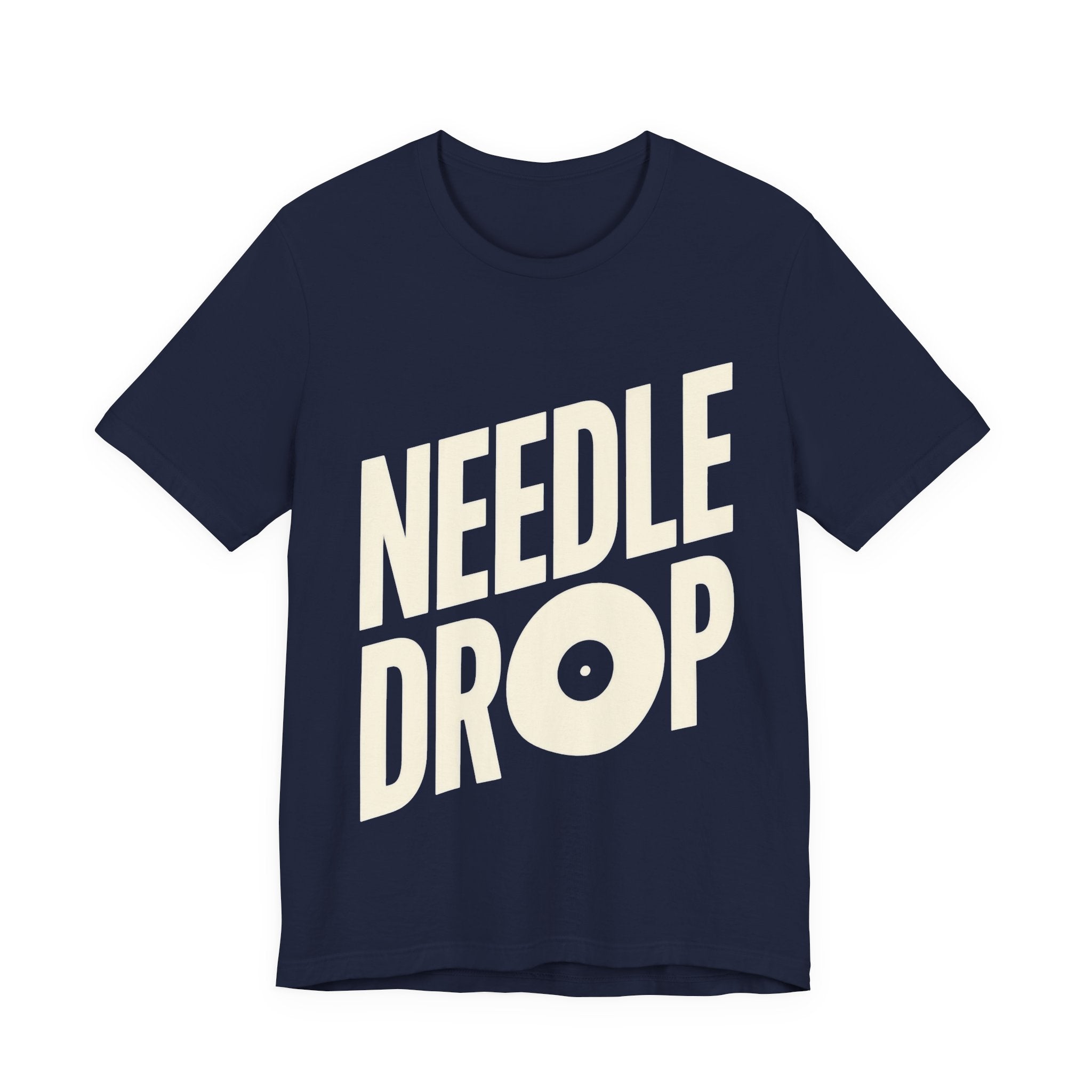 Navy t-shirt with 'NEEDLE DROP' text on a white background