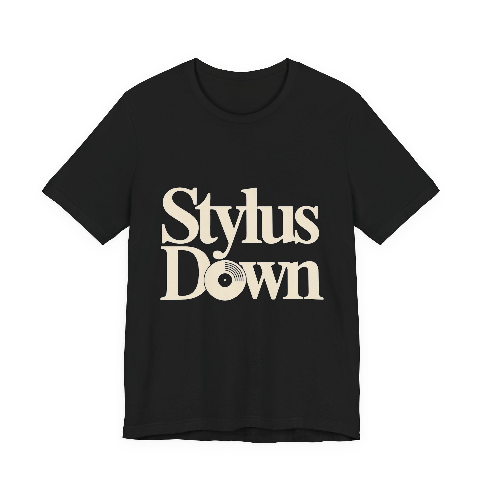 Black t-shirt with 'Stylus Down' text on a white background
