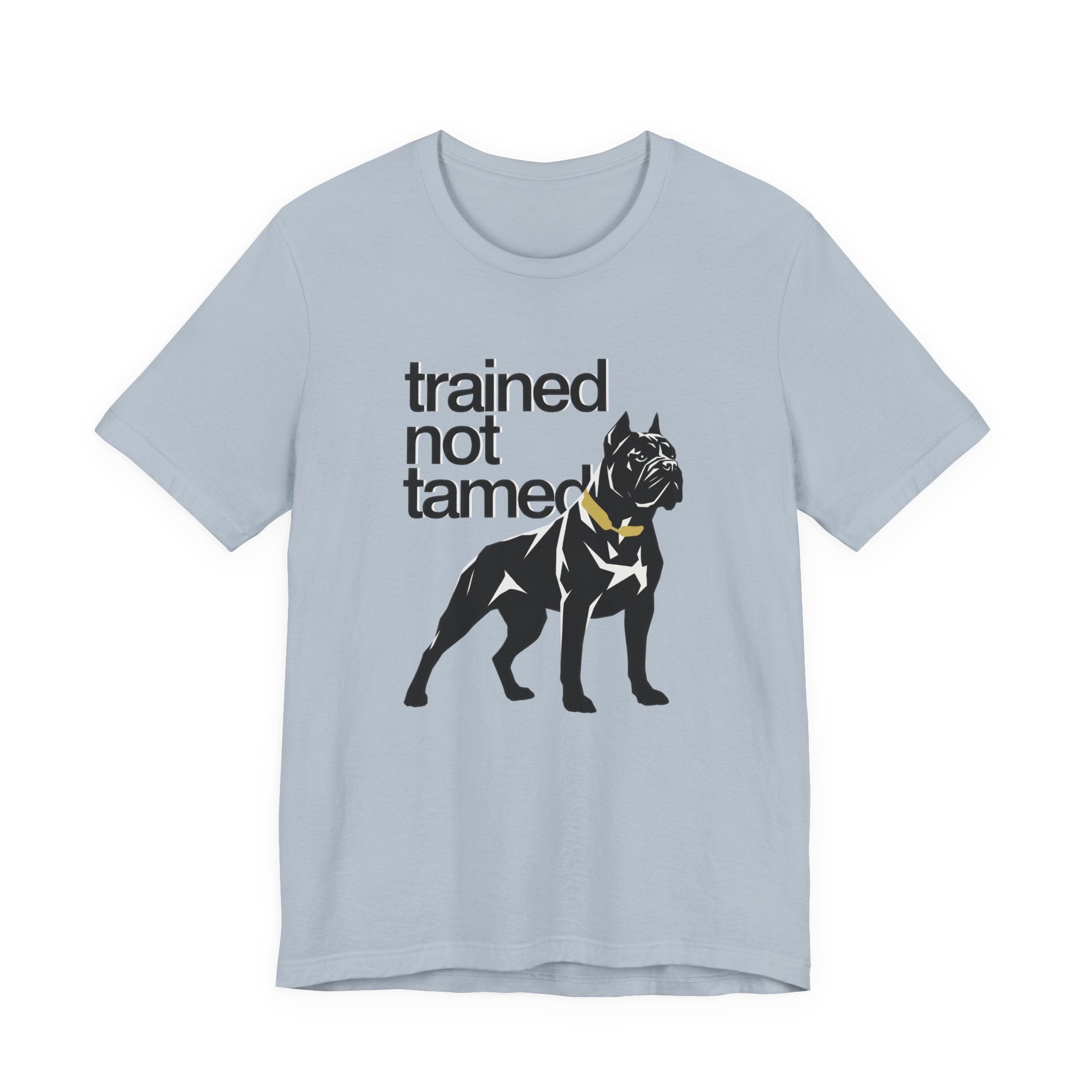Light blue t-shirt with a black dog graphic and text 'trained not tamed' on a white background