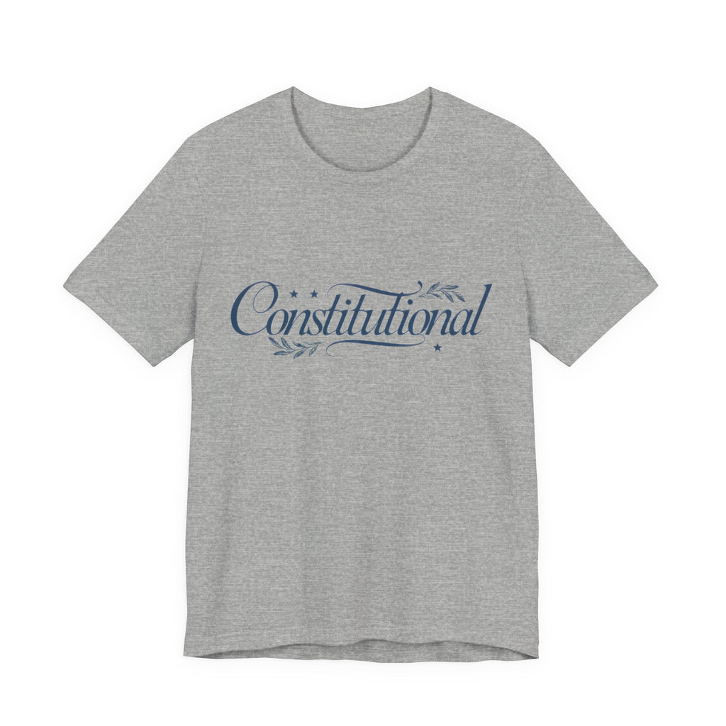 Gray t-shirt with 'Constitutional' text  on a white background