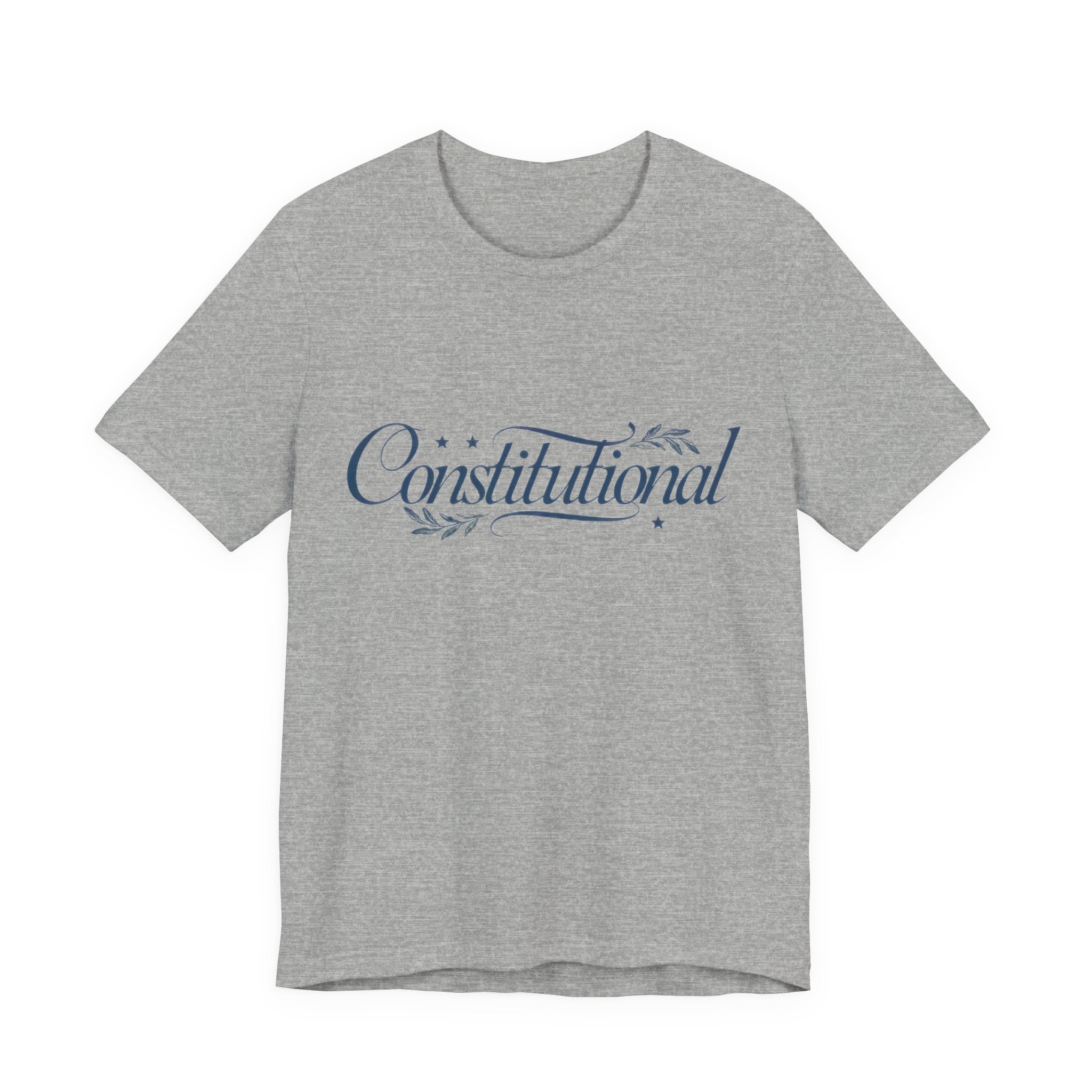 Gray t-shirt with 'Constitutional' text  on a white background