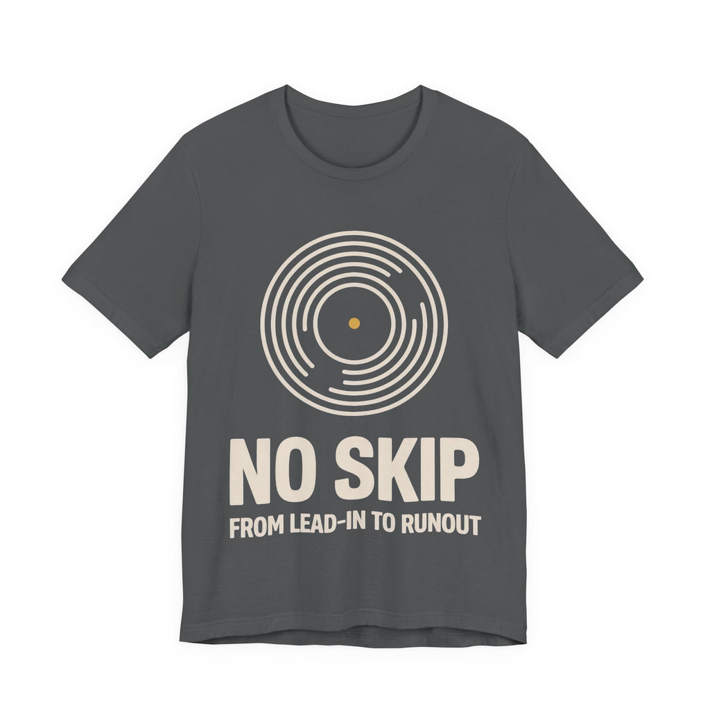 Gray t-shirt with vinyl record design and 'No Skip' text on a white background