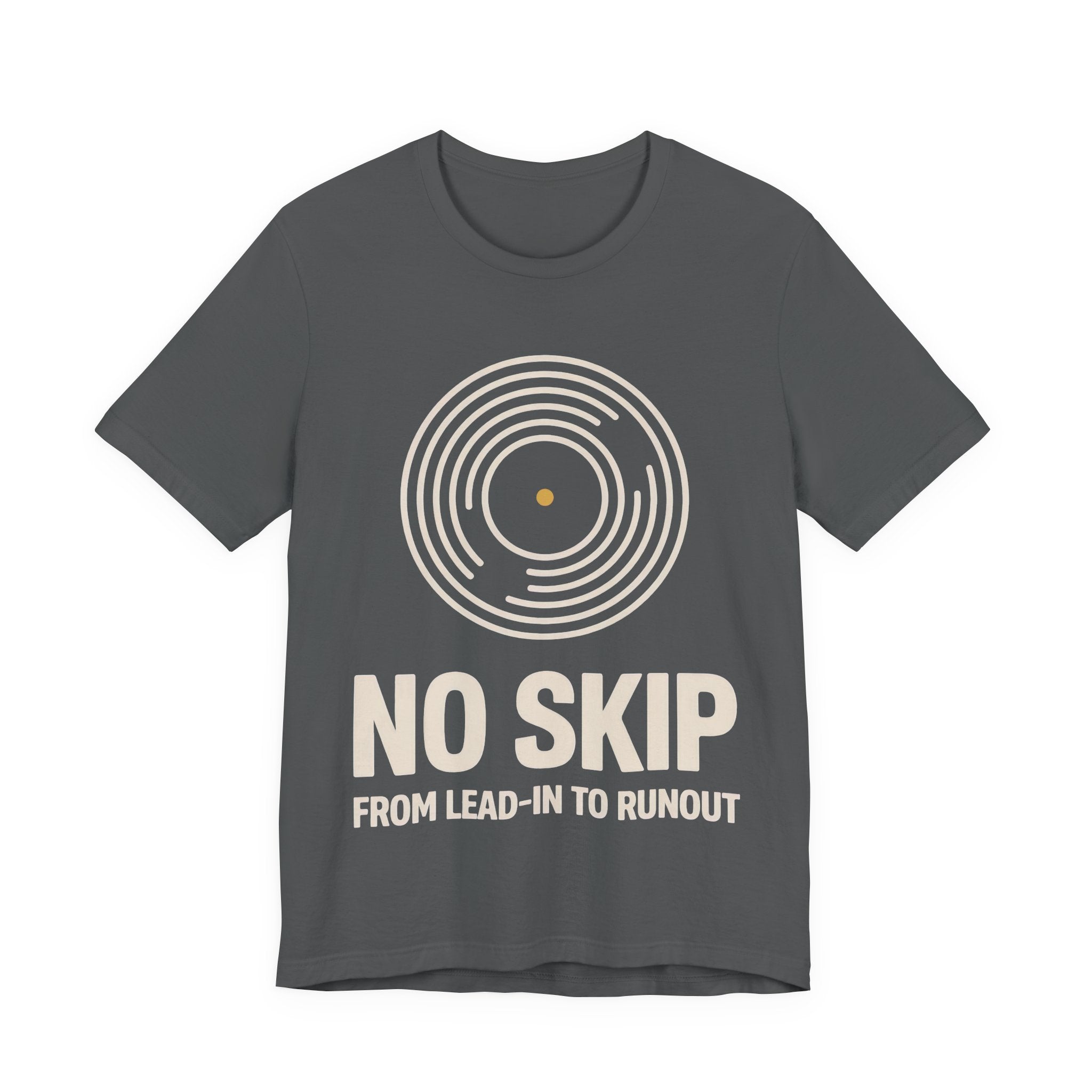 Gray t-shirt with vinyl record design and 'No Skip' text on a white background