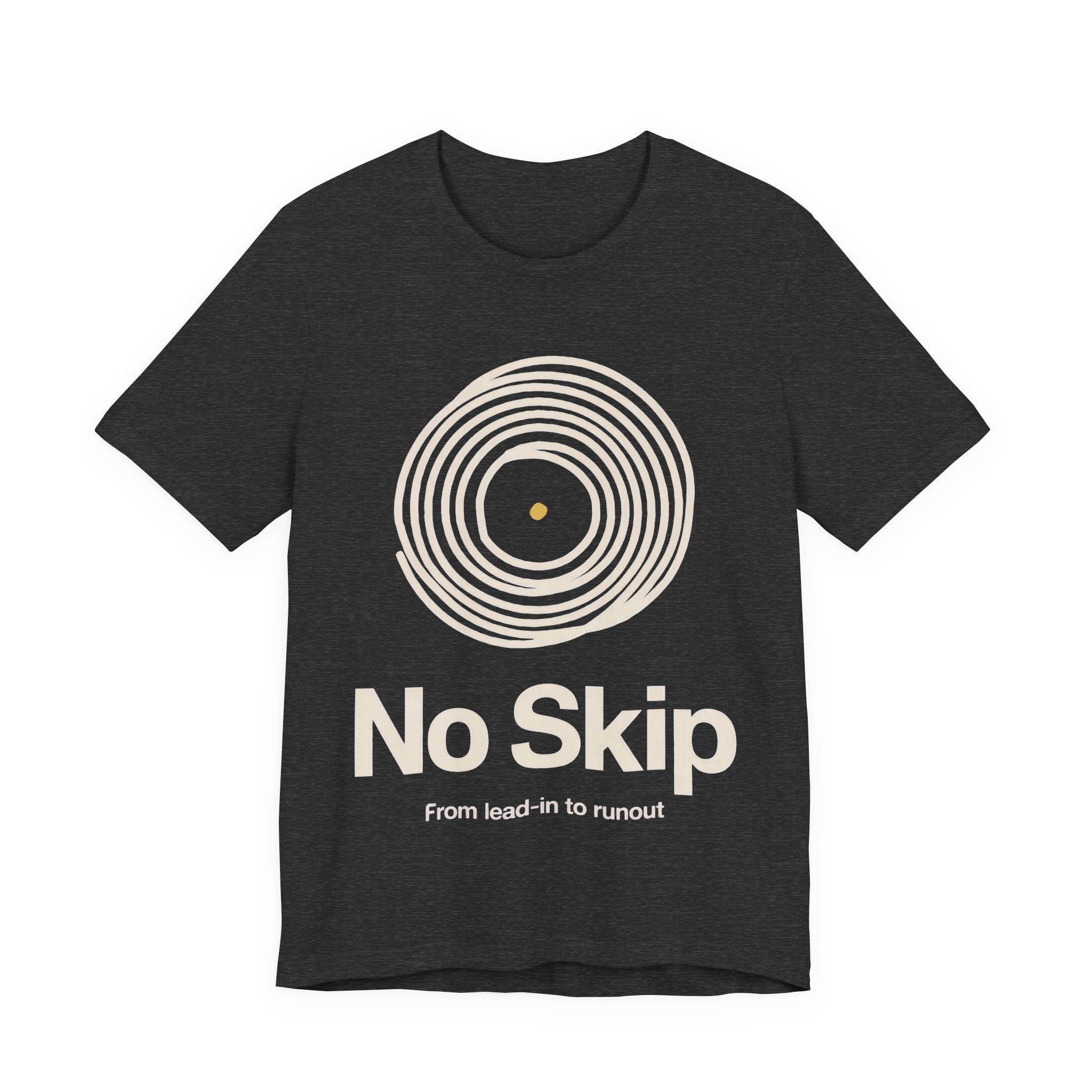 Dark gray t-shirt with 'No Skip' graphic design on a white background