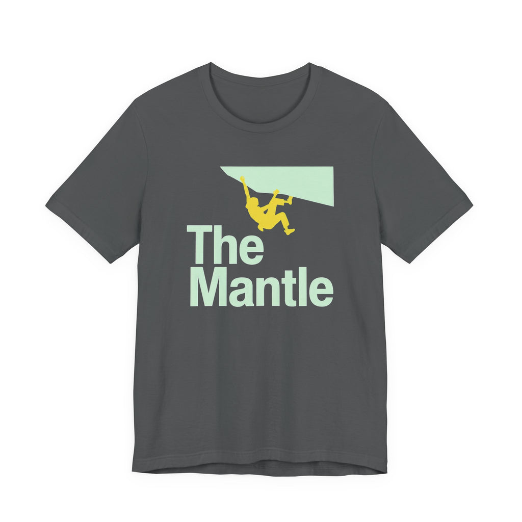 Gray t-shirt with 'The Mantle' graphic and climber on a white background