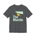 Gray t-shirt with 'The Mantle' graphic and climber on a white background