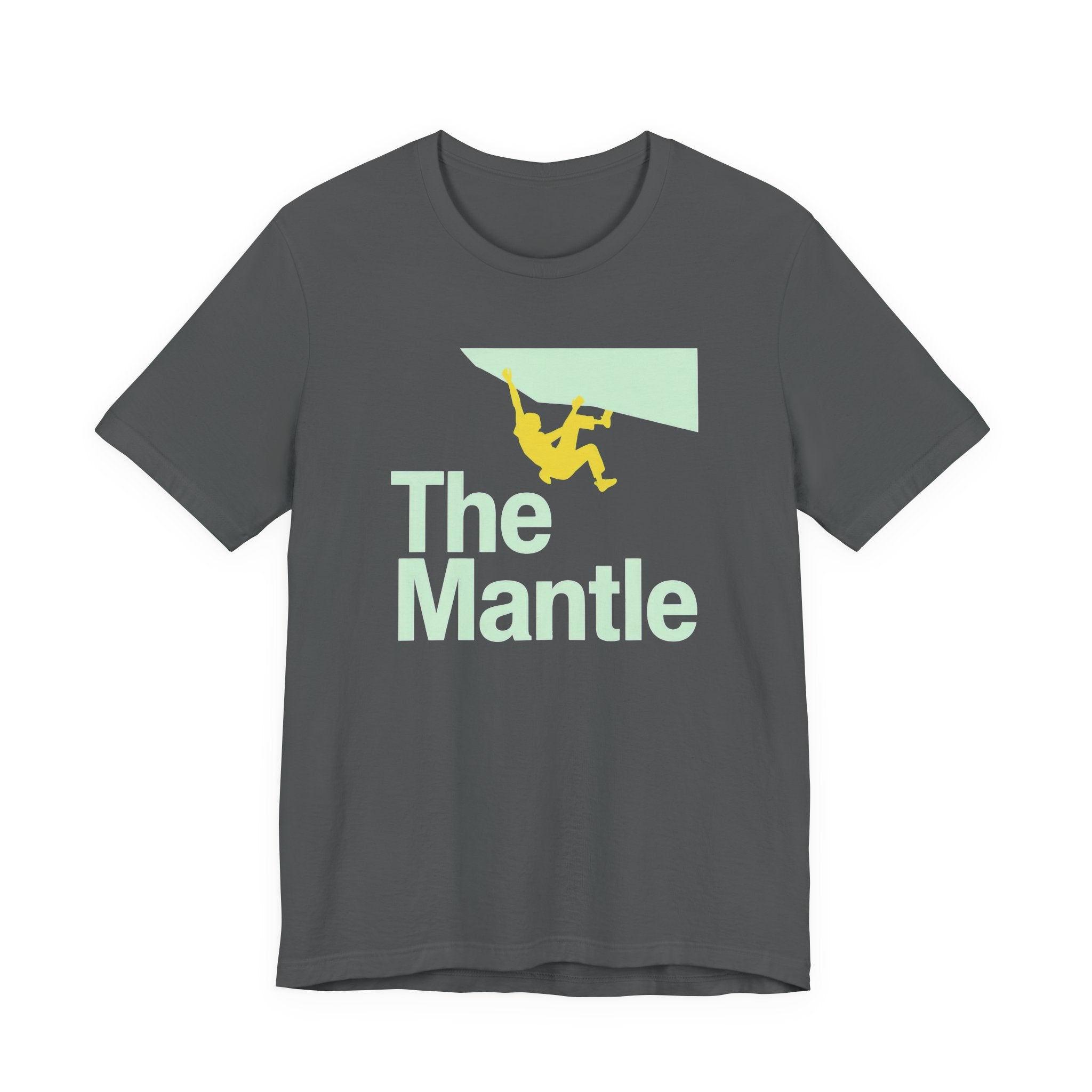 Gray t-shirt with 'The Mantle' graphic and climber on a white background