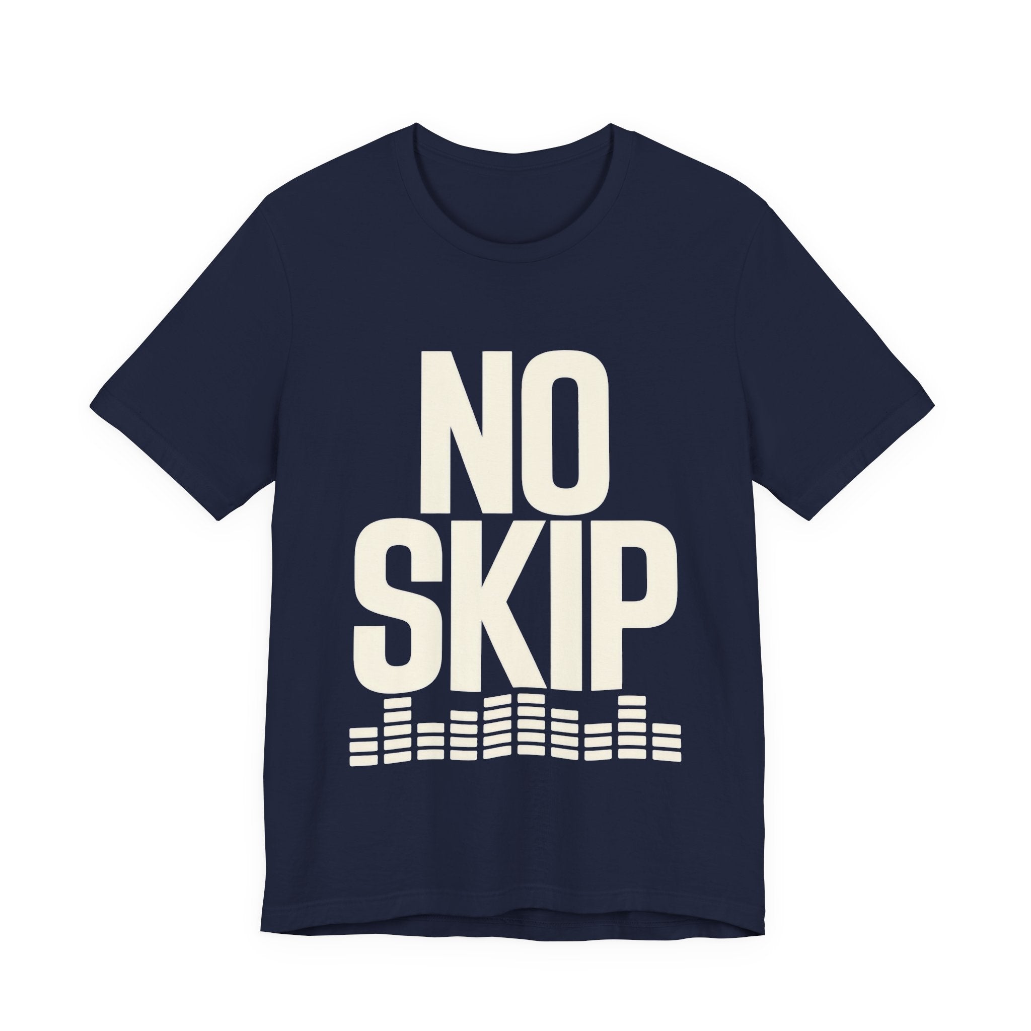 Navy blue t-shirt with 'NO SKIP' text on a white background