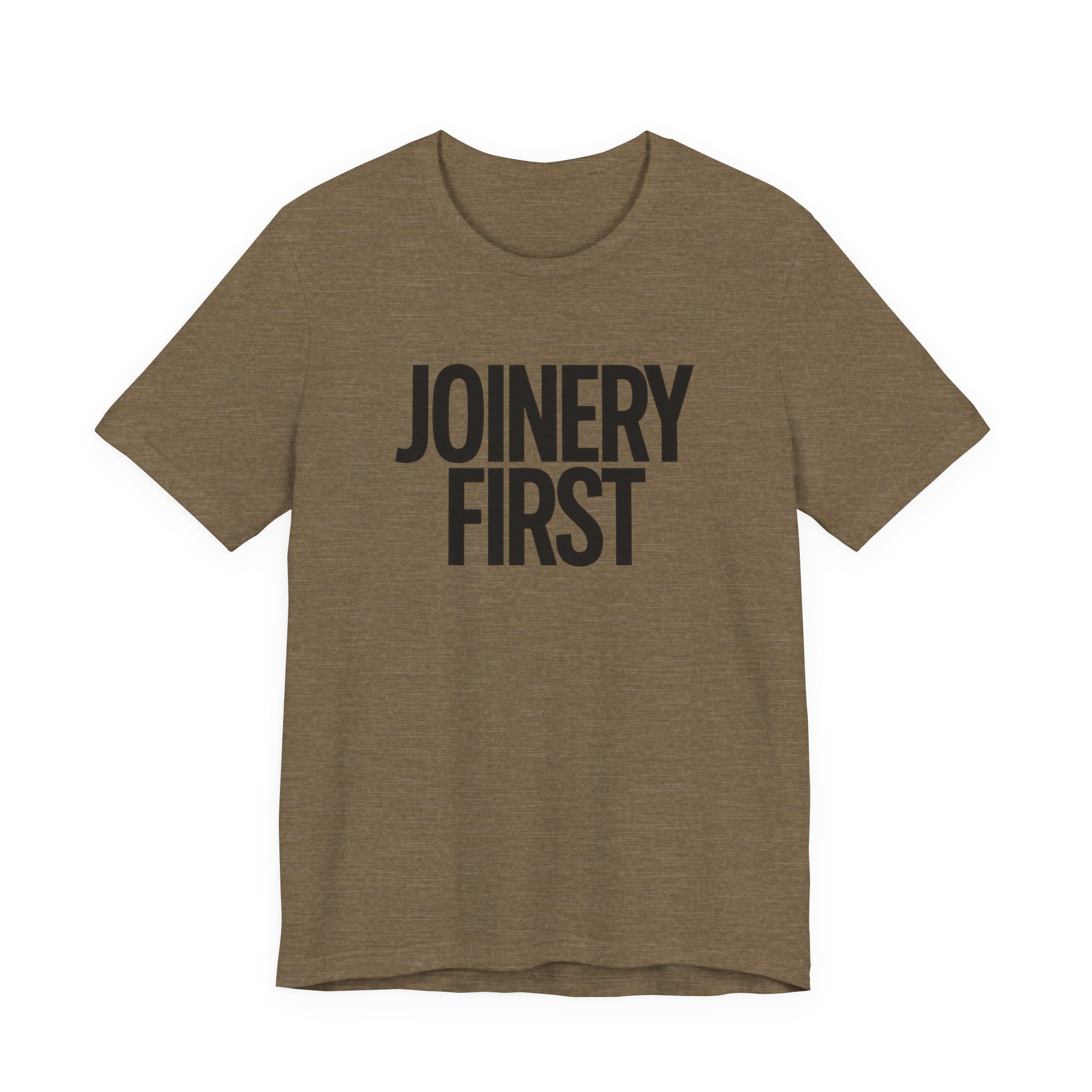 Brown t-shirt with 'JOINERY FIRST' text on a white background