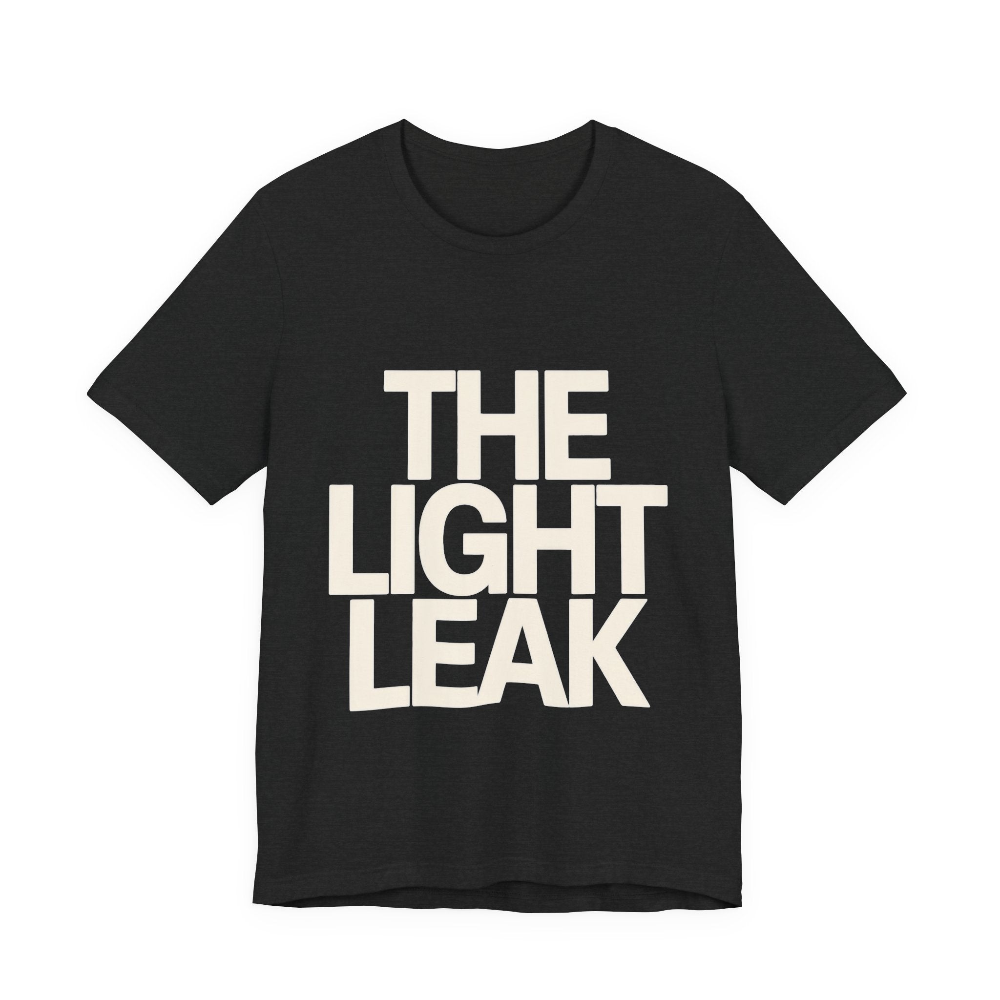 Black t-shirt with 'THE LIGHT LEAK' text on a white background