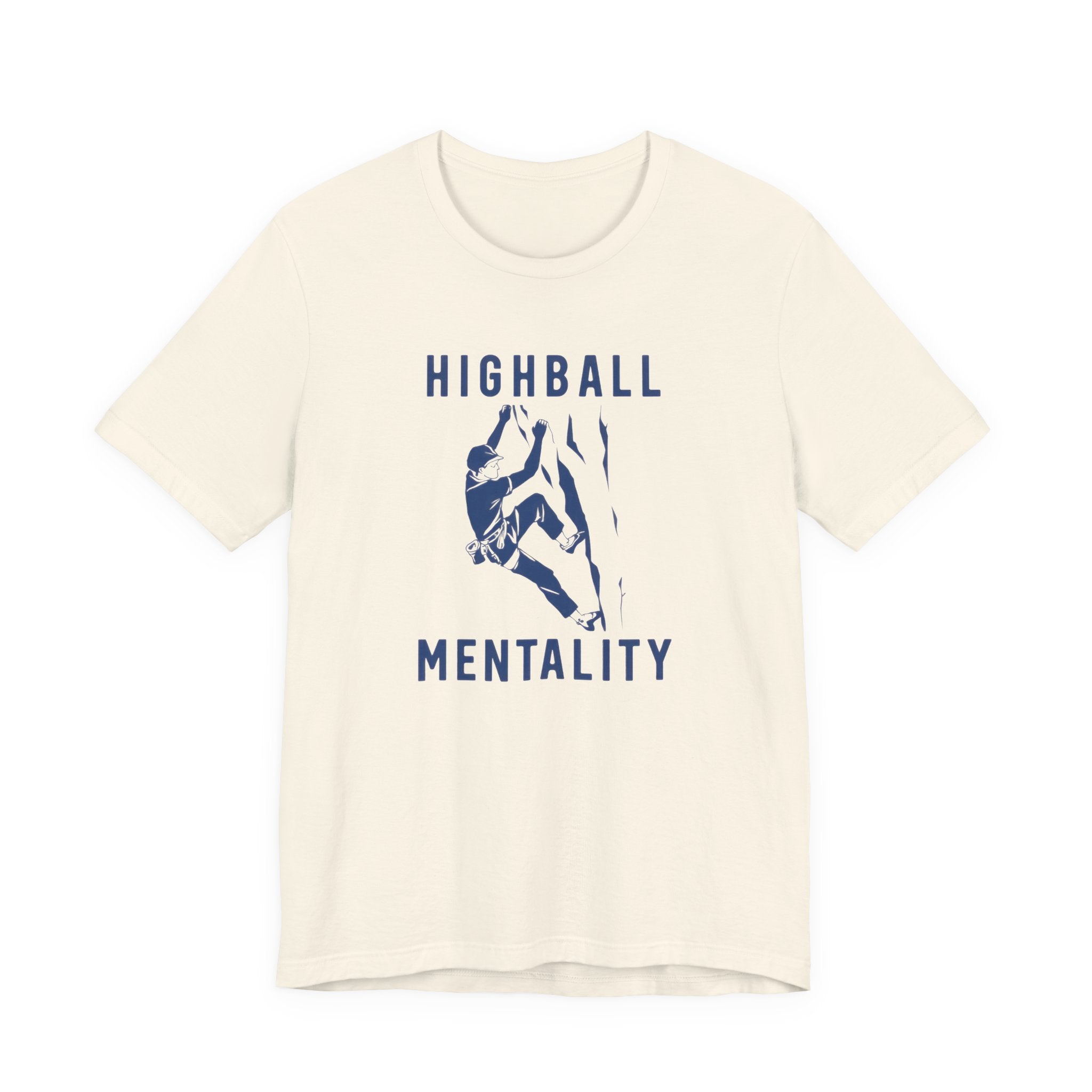 Beige t-shirt with 'Highball Mentality' graphic design on a white background