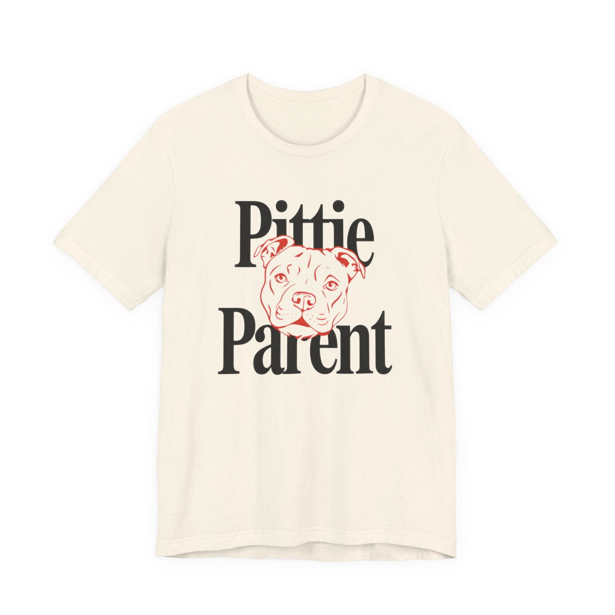 Beige t-shirt with 'Pittie Parent' text and a dog graphic on a white background